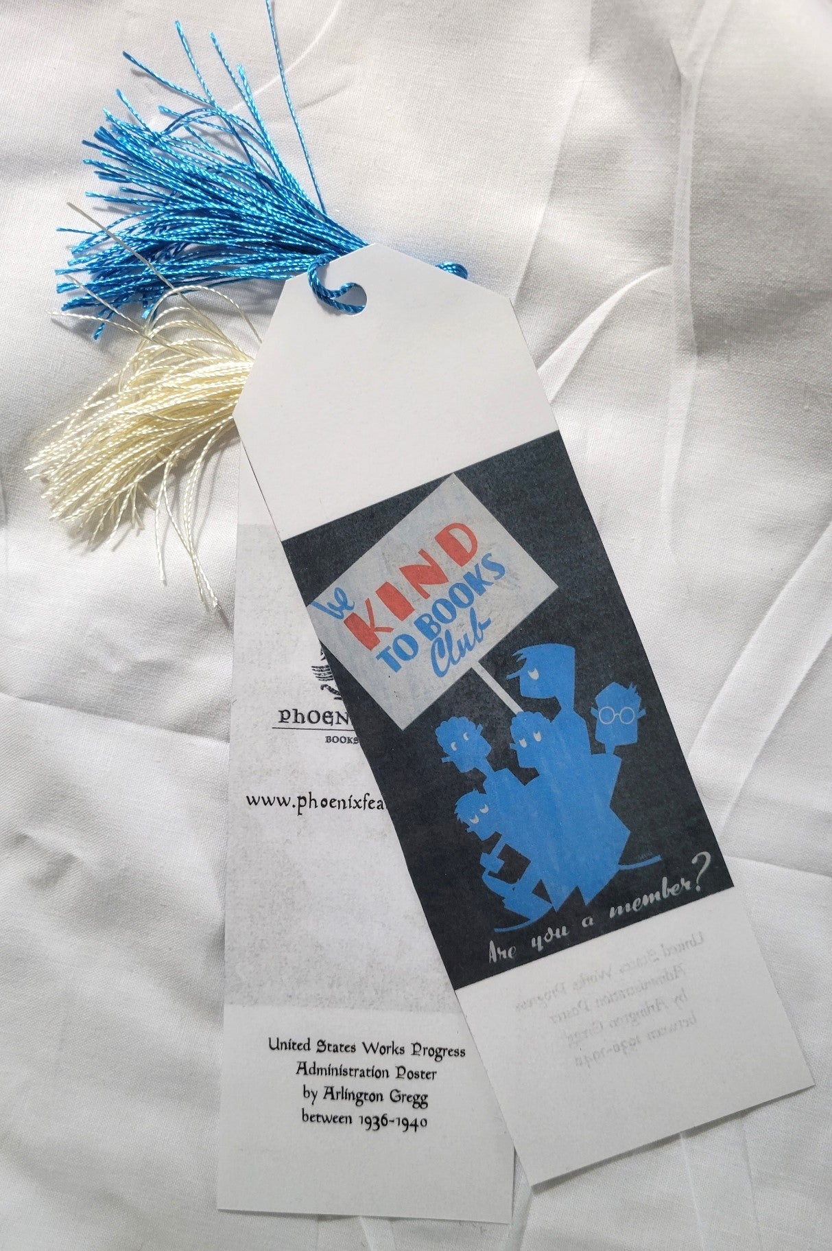 Handmade by Phoenix Feather Books & Curios, laminated bookmark, decorated with the vintage image of the "Be Kind to Books Club", created by Arlington Gregg for the United States Works Progress Administration, between 1936-1940.