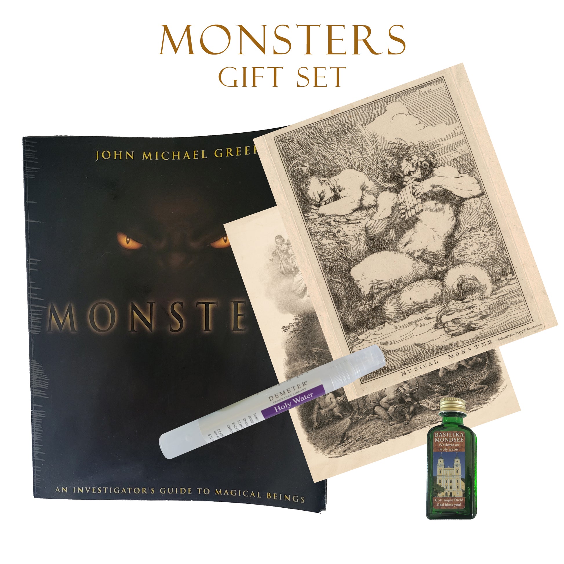 Monster’s gift set for the supernatural and paranormal lover in your life, includes 8” x 10” photograph of an angels and demons lithograph by James Fuller Queen, 1857-1867 and Musical Monster monographic by John Hamilton Mortimer, 1778, real holy water from Mondsee, Austria, and the Holy Water fragrance spray by Demeter.
