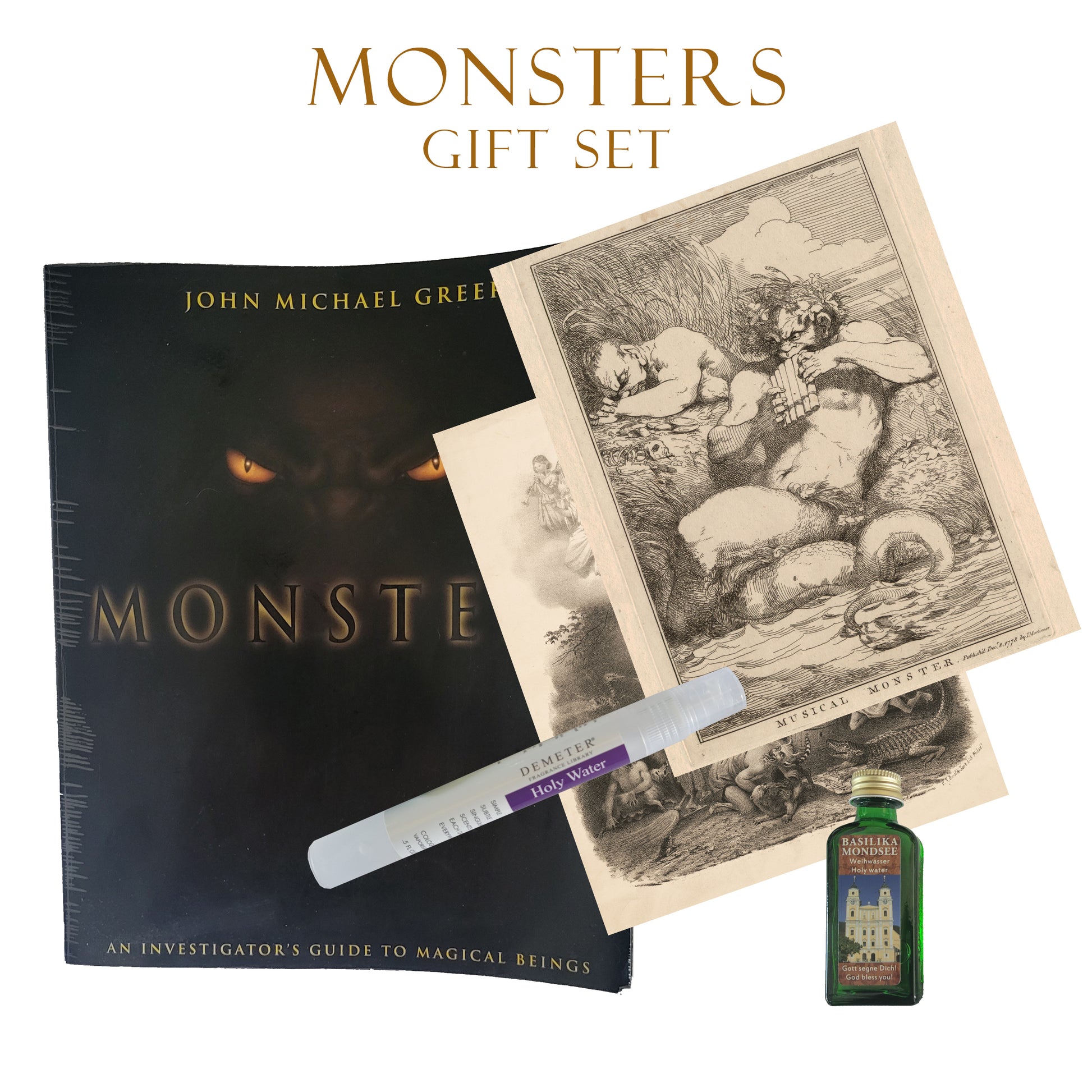 Monster’s gift set for the supernatural and paranormal lover in your life, includes 8” x 10” photograph of an angels and demons lithograph by James Fuller Queen, 1857-1867 and Musical Monster monographic by John Hamilton Mortimer, 1778, real holy water from Mondsee, Austria, and the Holy Water fragrance spray by Demeter.