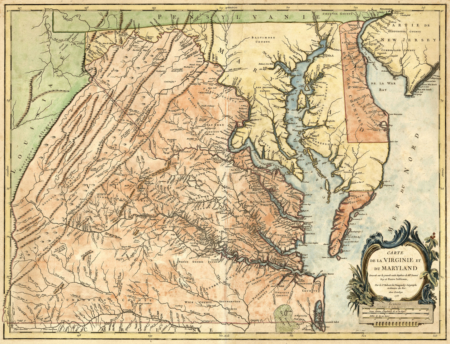 The "Carte de la Virginie et du Maryland" map was "Drawn on the great English Map by Mrs. Josue Fry and Pierre Jefferson, by Sr. Robert de Vaugondy, the King's ordinary geographer, with privilege."  This fine laminated print will come 30" wide by 23" high.