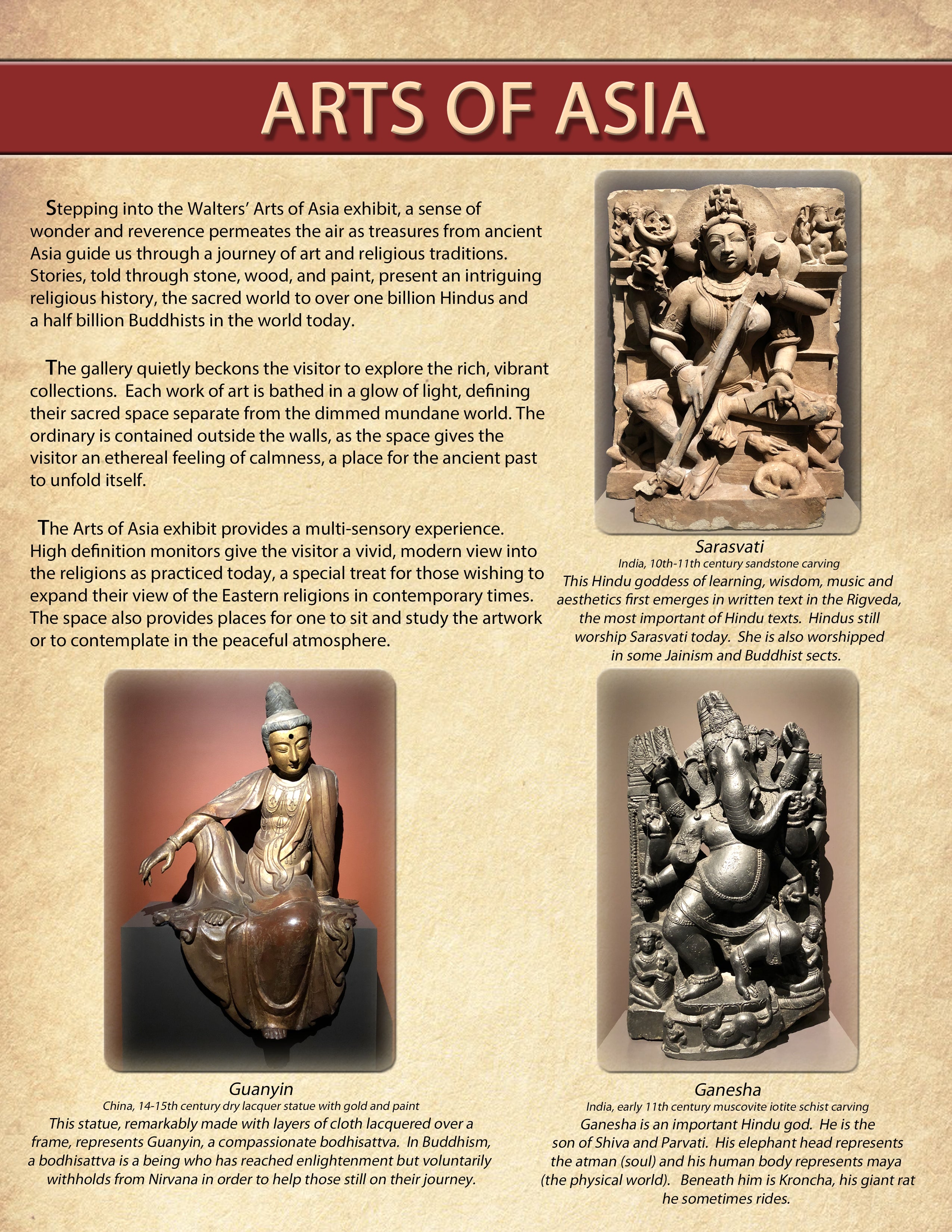 Infographic for the Arts of Asia exhibit at the Walters Museum of Art in Baltimore, Maryland, for historical consultation page, offering historical research and writing services, Photoshop services, and more.