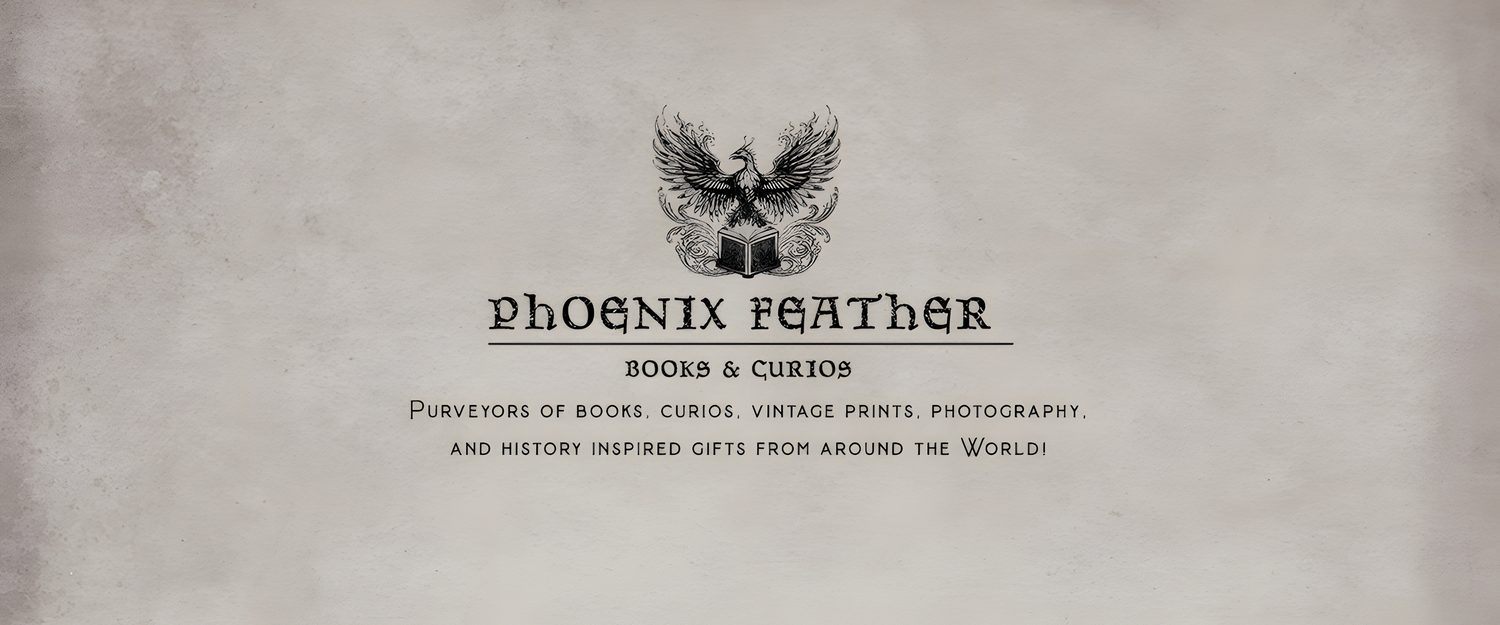 A vintage logo of a Phoenix rising above an open book with flames on either side.  "Phoenix Feather Books & Curios" "Purveyors of books, curios, vintage prints, photography, and history inspired gifts from around the world!"