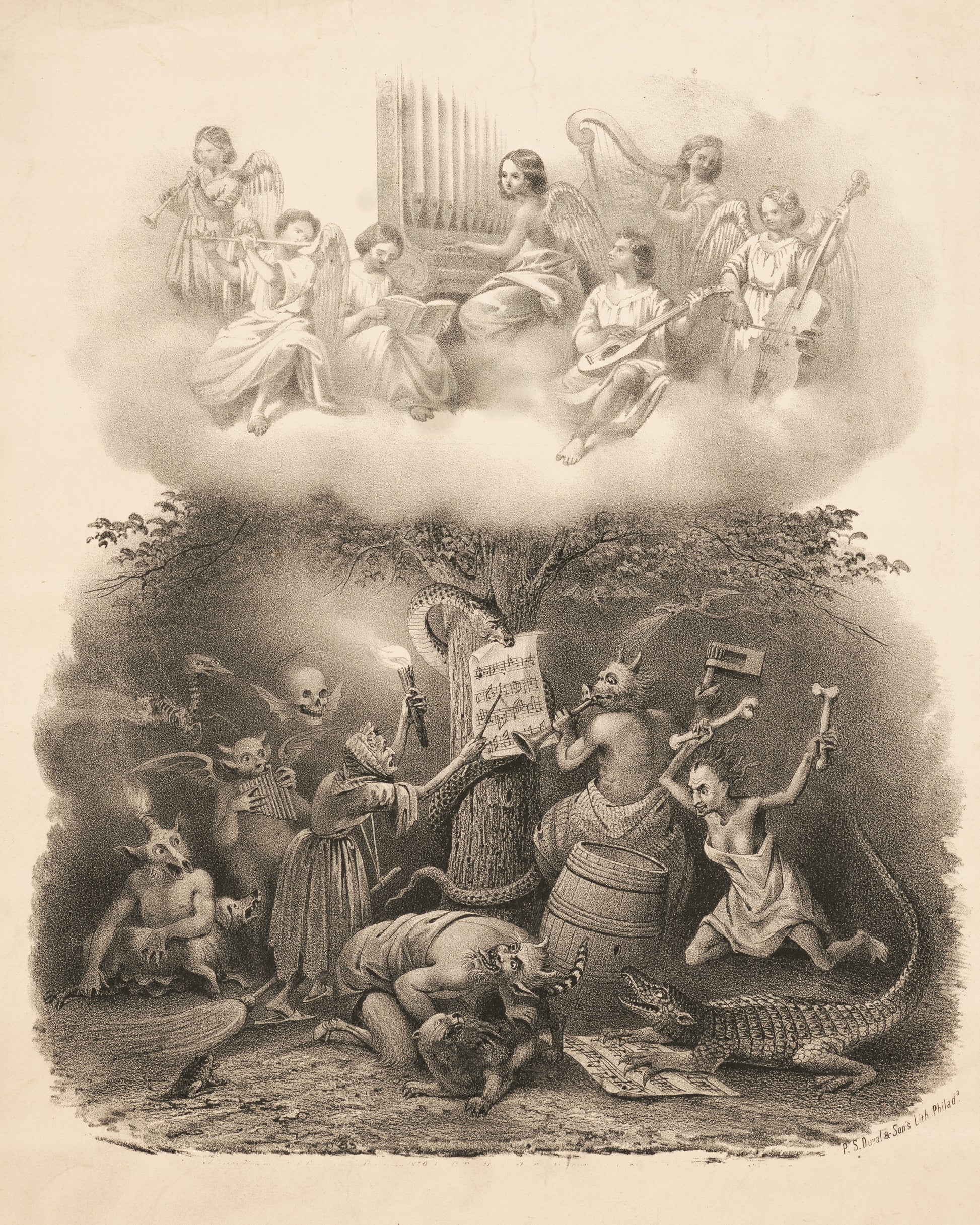 Monster’s gift set for the supernatural and paranormal lover in your life, includes 8” x 10” photograph of an angels and demons lithograph by James Fuller Queen, 1857-1867 and Musical Monster monographic by John Hamilton Mortimer, 1778, real holy water from Mondsee, Austria, and the Holy Water fragrance spray by Demeter.  View of lithograph.
