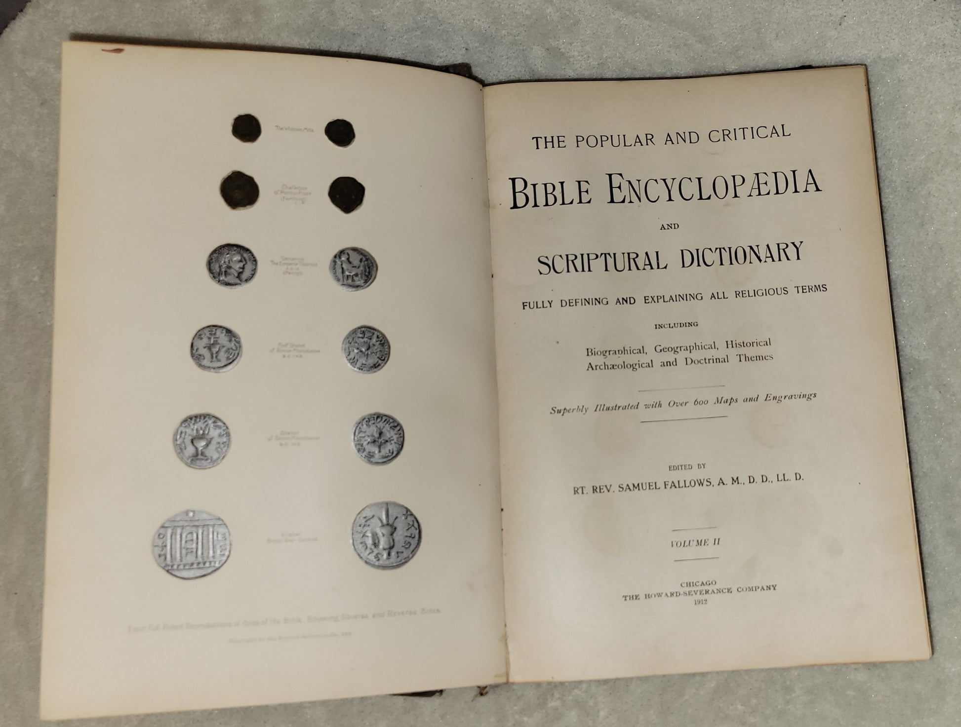 Antique book for sale "The Popular and Critical Bible Encyclopedia and Scriptural Dictionary: Fully Defining and Explaining All Religious Terms" Volume 2, edited by Rt. Rev. Samuel Fallows. Title page.