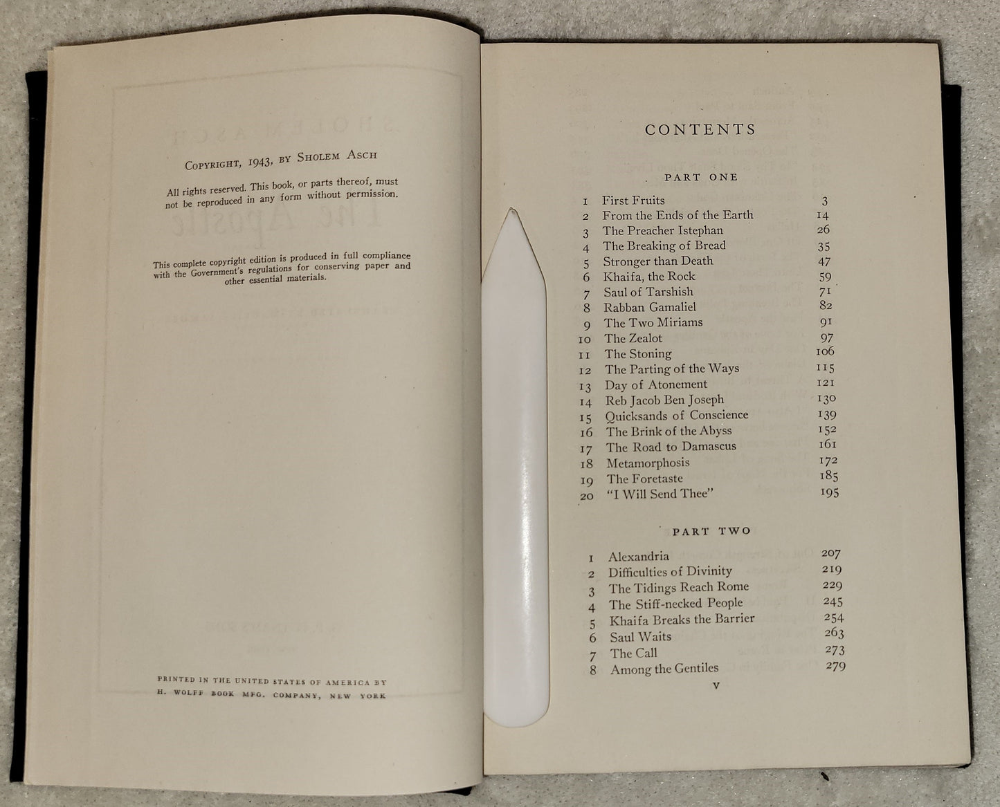 Vintage book for sale “The Apostle” by Sholem Asch published by H. Wolff Book Mfg. Company, 1943. Table of contents.