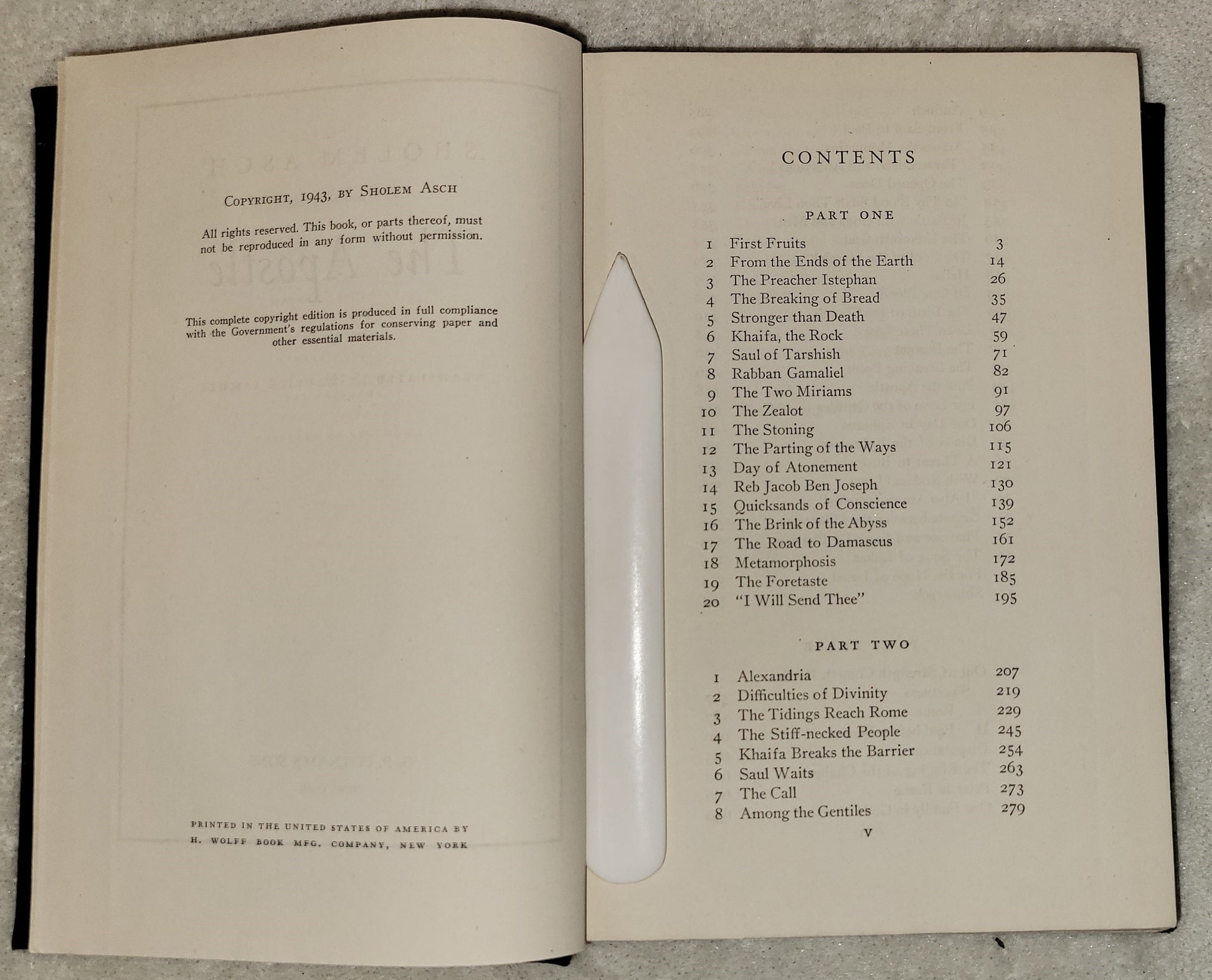 Vintage book for sale “The Apostle” by Sholem Asch published by H. Wolff Book Mfg. Company, 1943. Table of contents.