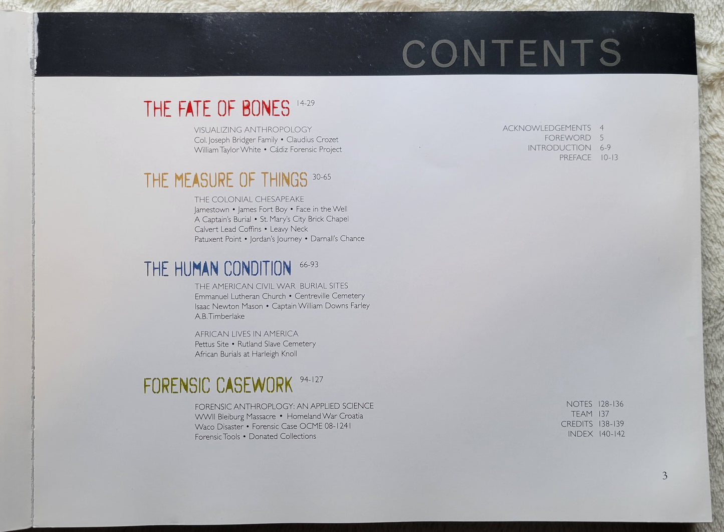 Used book for sale "Written in Bone" by Douglas Owsley and Karin Bruwelheide, published by LeanTo Press, 2009. Table of contents.
