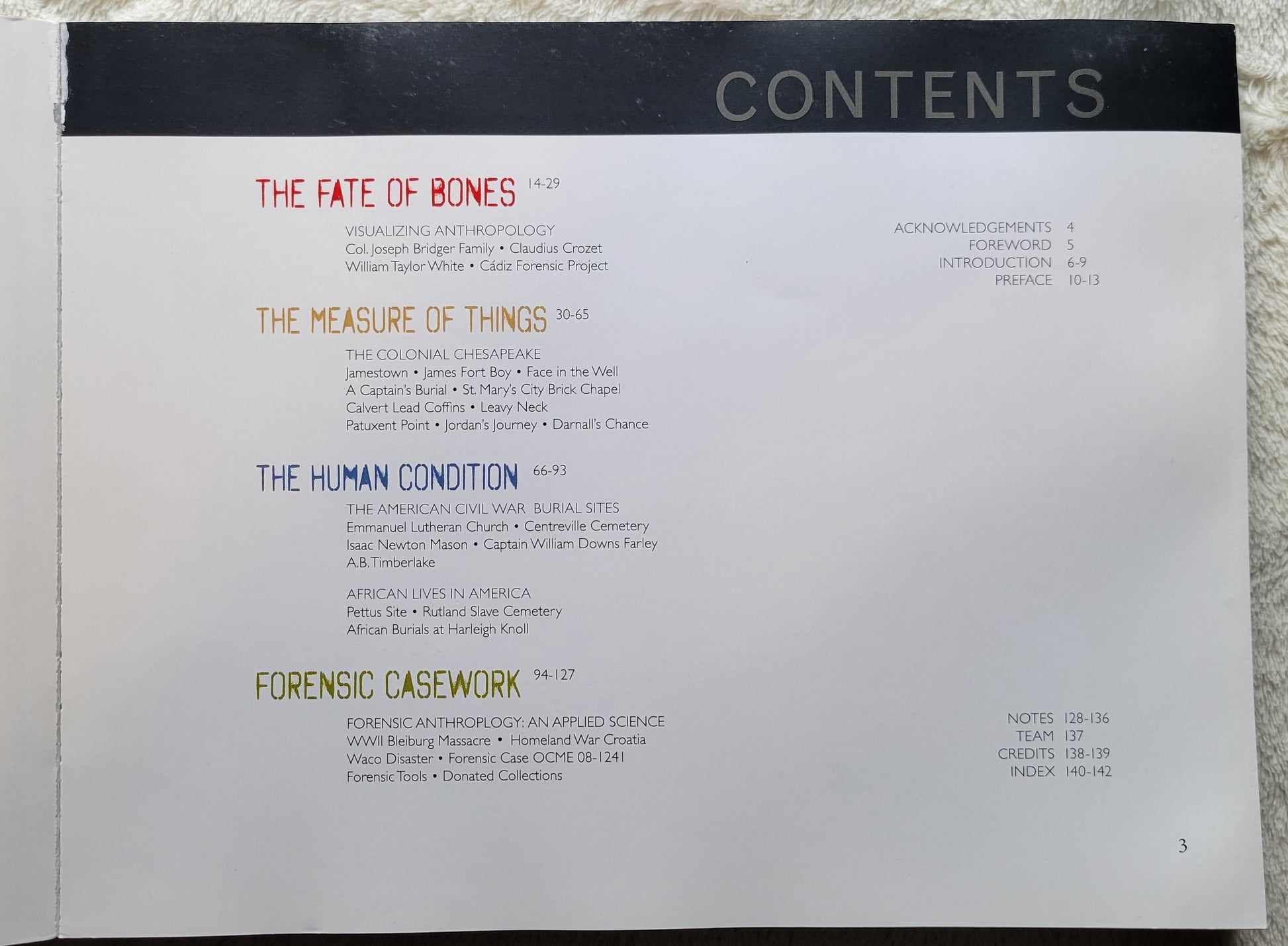 Used book for sale "Written in Bone" by Douglas Owsley and Karin Bruwelheide, published by LeanTo Press, 2009. Table of contents.