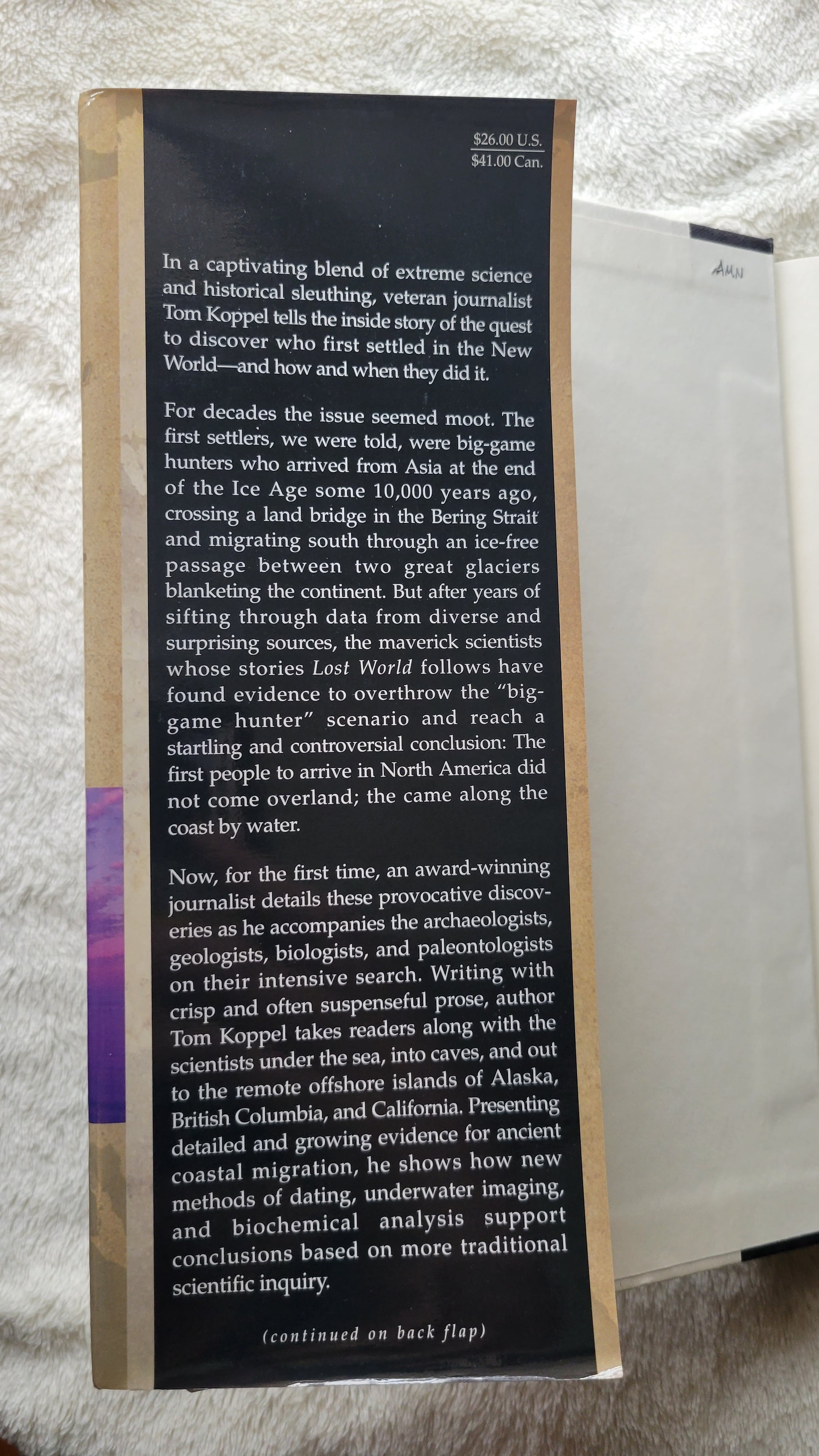 Used book for sale, "Lost World: Rewriting Prehistory – How New Science is Tracing America’s Ice Age Mariners" written by Tom Koppel, published by Atria Books, 2010. View of jacket panel