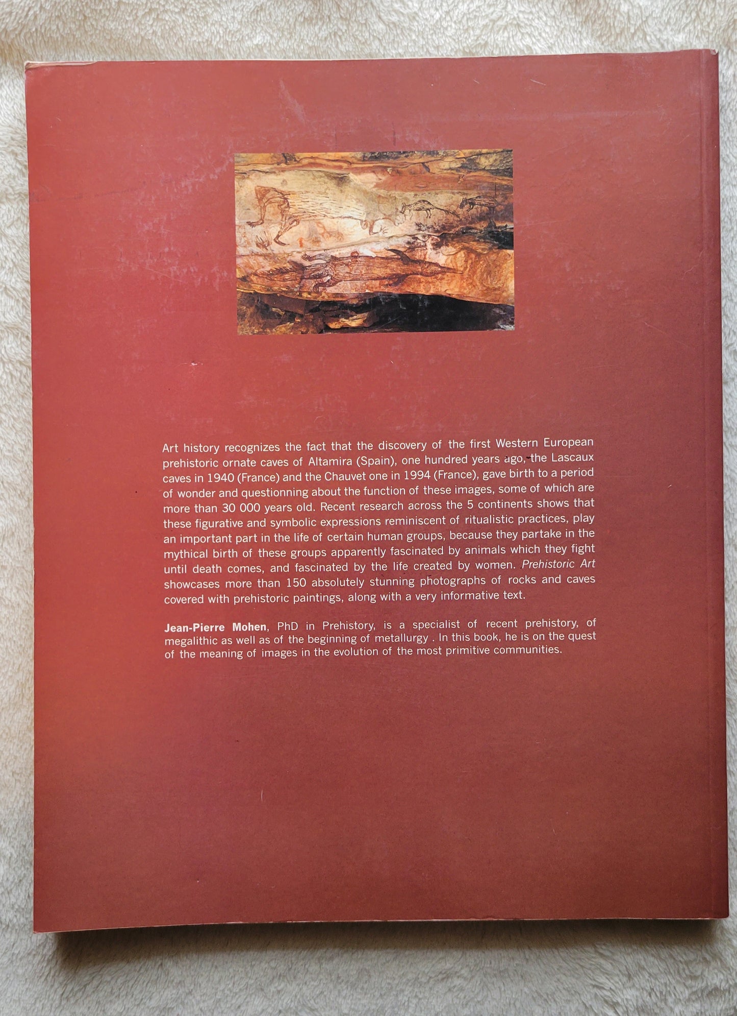 Used book for sale, "Prehistoric Art" was written by Dr. Jean-Pierre Mohen, published by Finest S.A. / Editions. View of back cover.