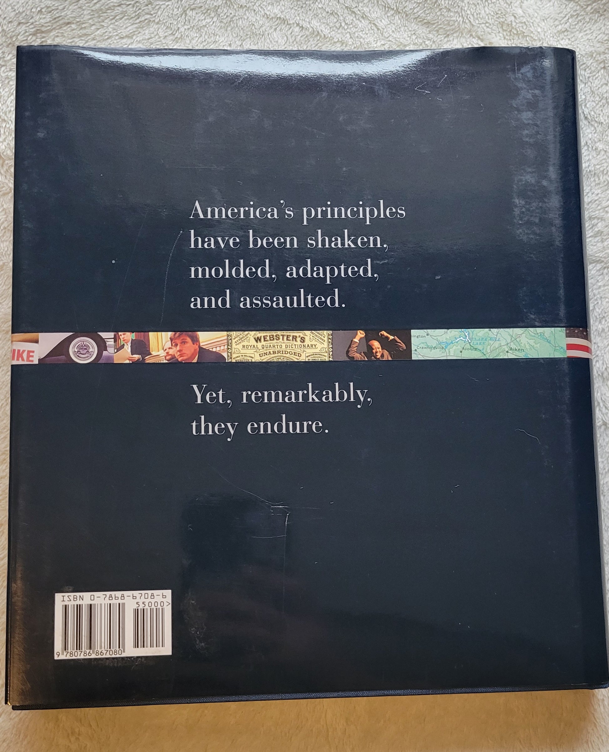 Used book for sale "In Search of America" by Peter Jennings and Todd Brewster, published by Hyperion, 2002, first edition. View of back cover.