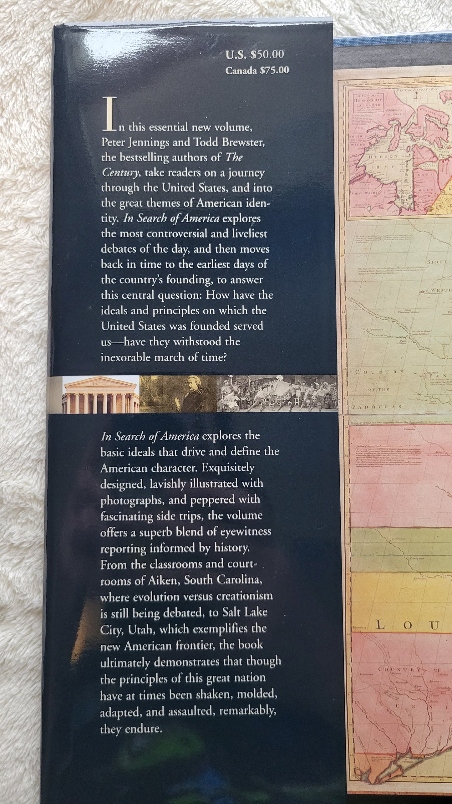 Used book for sale "In Search of America" by Peter Jennings and Todd Brewster, published by Hyperion, 2002, first edition. View of jacket panel.