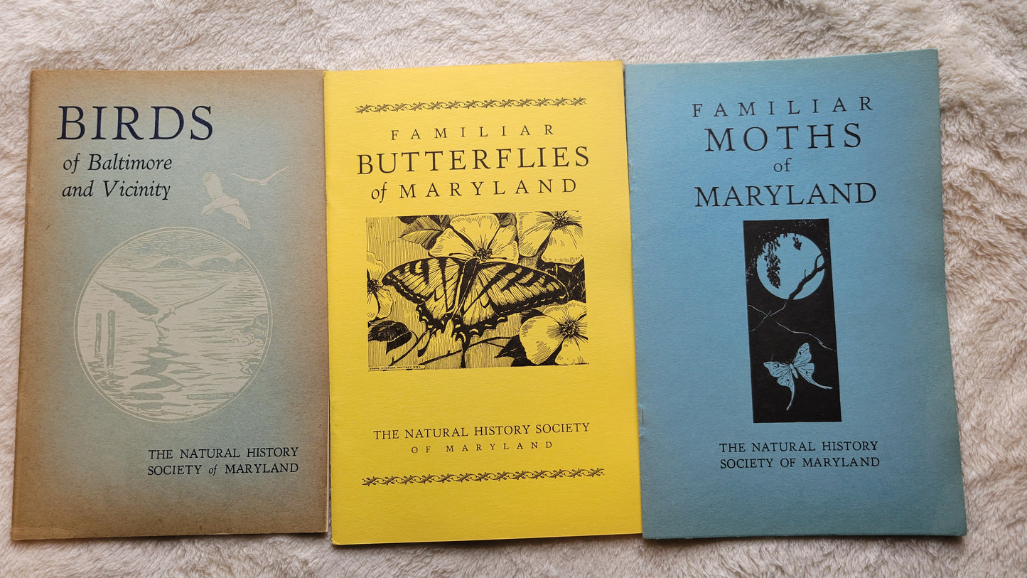 Set of three vintage pamphlets are from the 1930s, published by the Natural History Society of Maryland.  View of front covers.