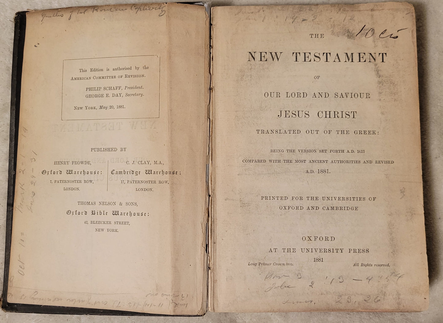 Antique book for sale, "The New Testament of the Our Lord and Saviour Jesus Christ", Oxford University Press, 1881. View of inside title page.