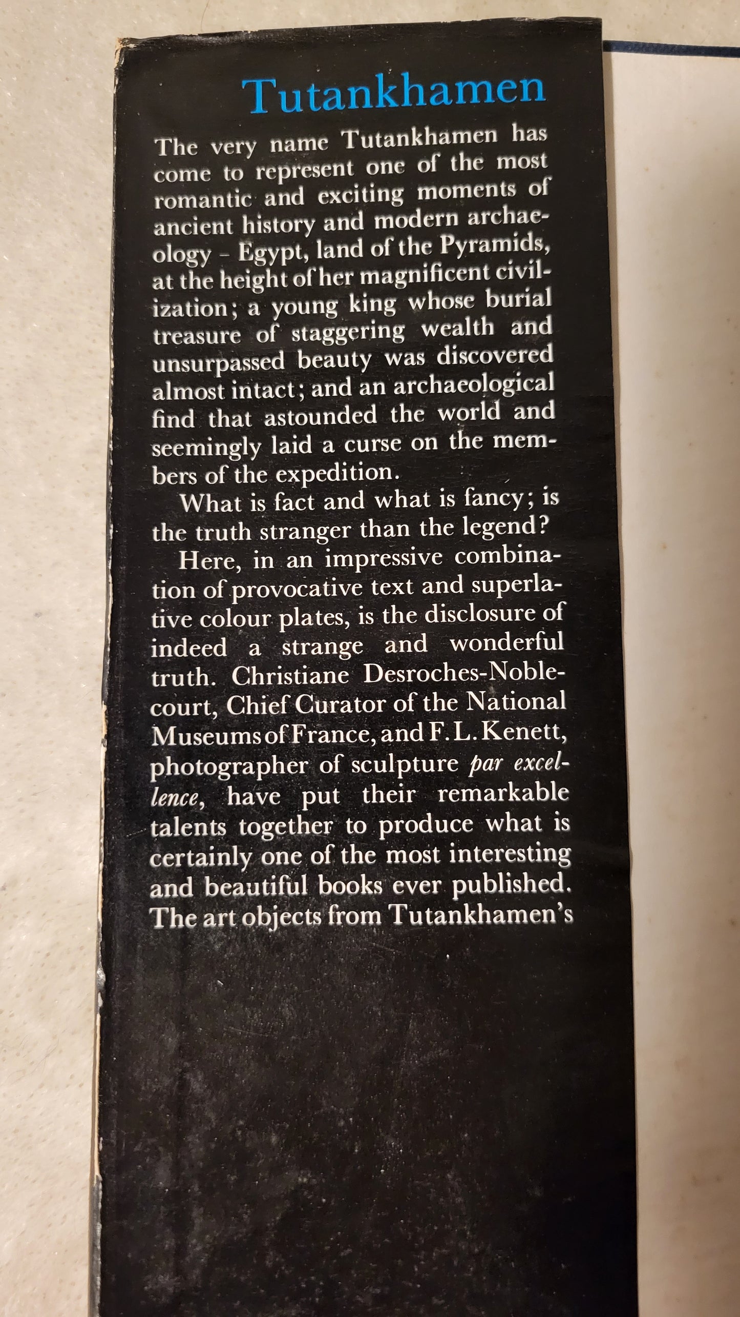 Used book for sale "Tutankhamen: Life and Death of a Pharaoh" by Christiane Deroches-Noblecourt, 1967 World Books edition. Jacket panel