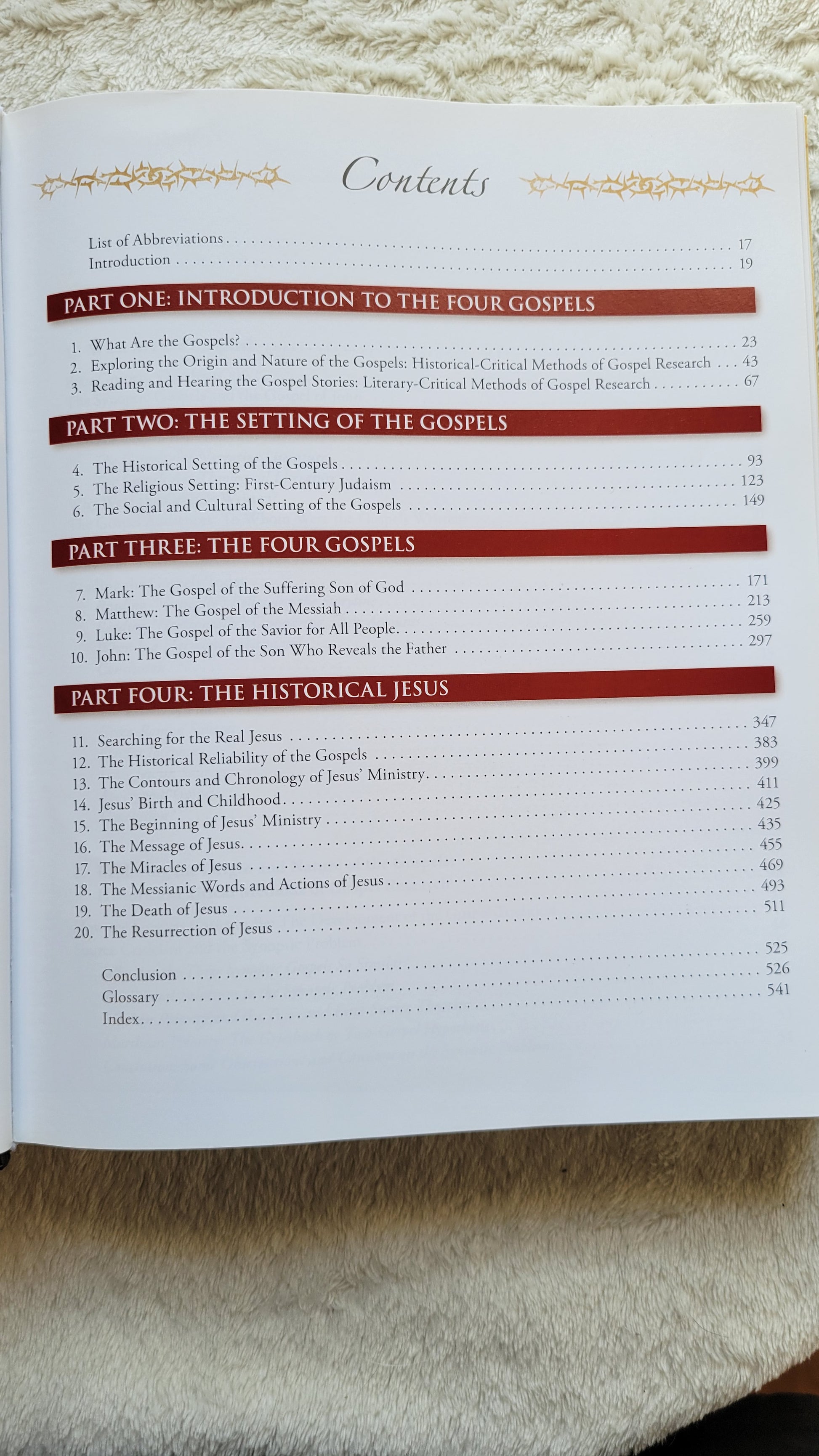 Used book for sale, "Four Portraits One Jesus: A Survey of Jesus and the Gospels", written by Mark L. Strauss in 2007, published by Zondervan.  Investigating the historical Jesus and reliability of the Gospels.  View of table of contents.