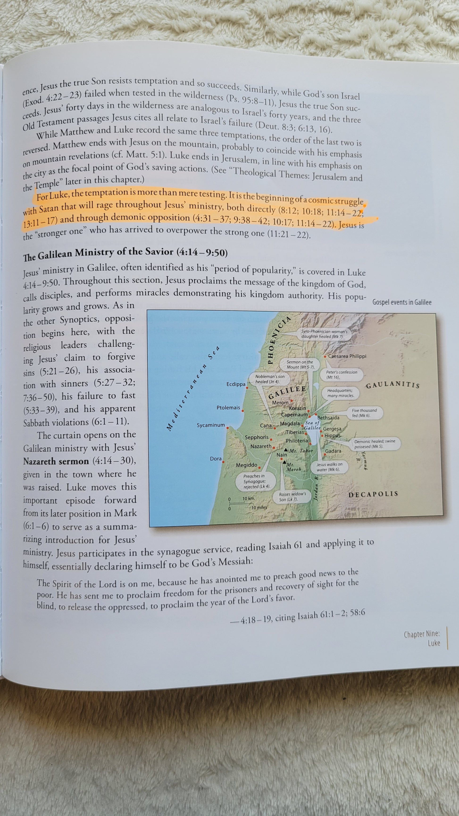 Used book for sale, "Four Portraits One Jesus: A Survey of Jesus and the Gospels", written by Mark L. Strauss in 2007, published by Zondervan.  Investigating the historical Jesus and reliability of the Gospels.  View of random page with highlighter.