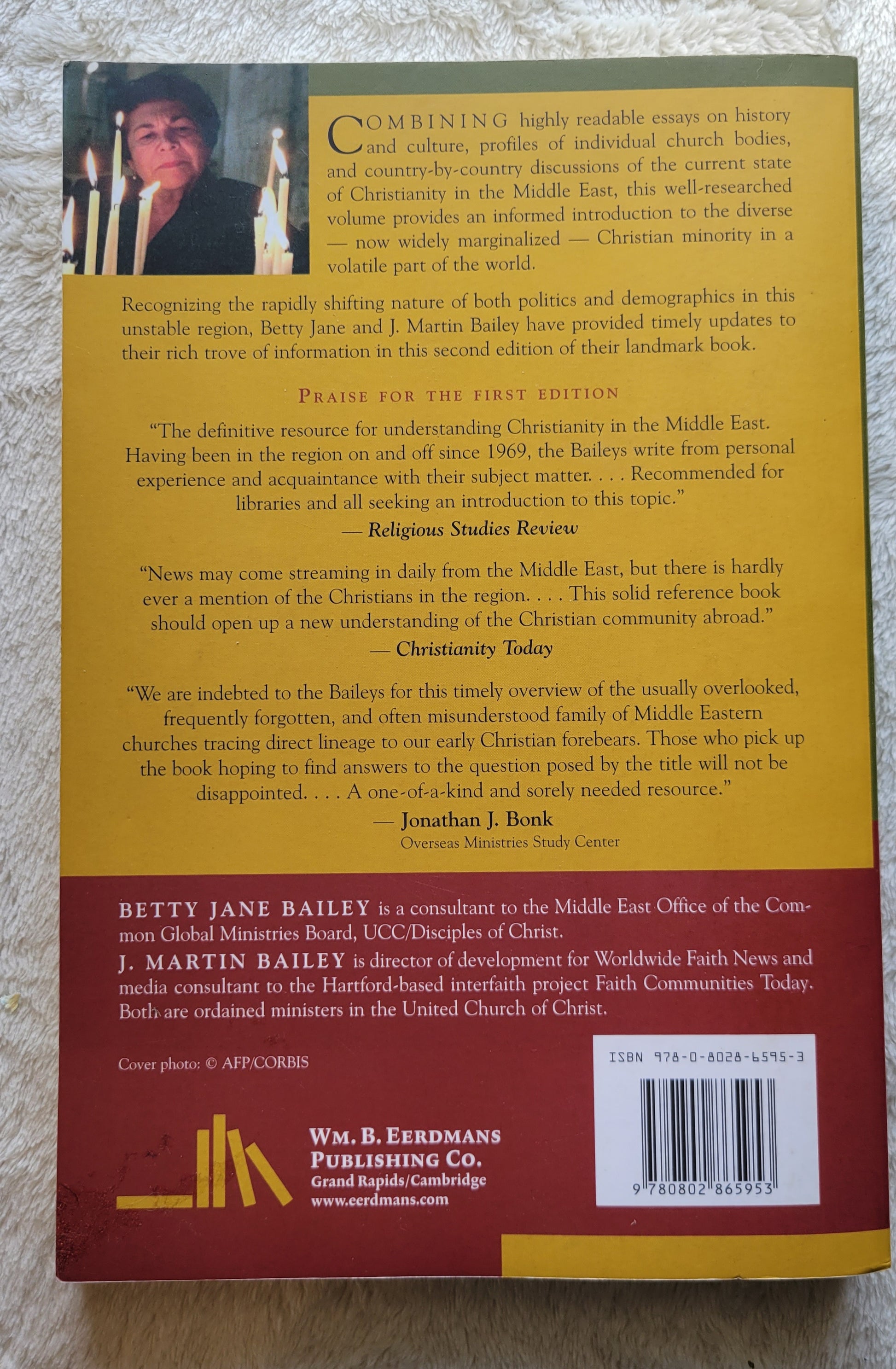 Used book for sale "Who Are the Christians in the Middle East?" Second Edition, by Betty Jane Bailey & J. Martin Bailey, published by Wm. B. Eerdmans Publishing Co. in 2010. Back cover.