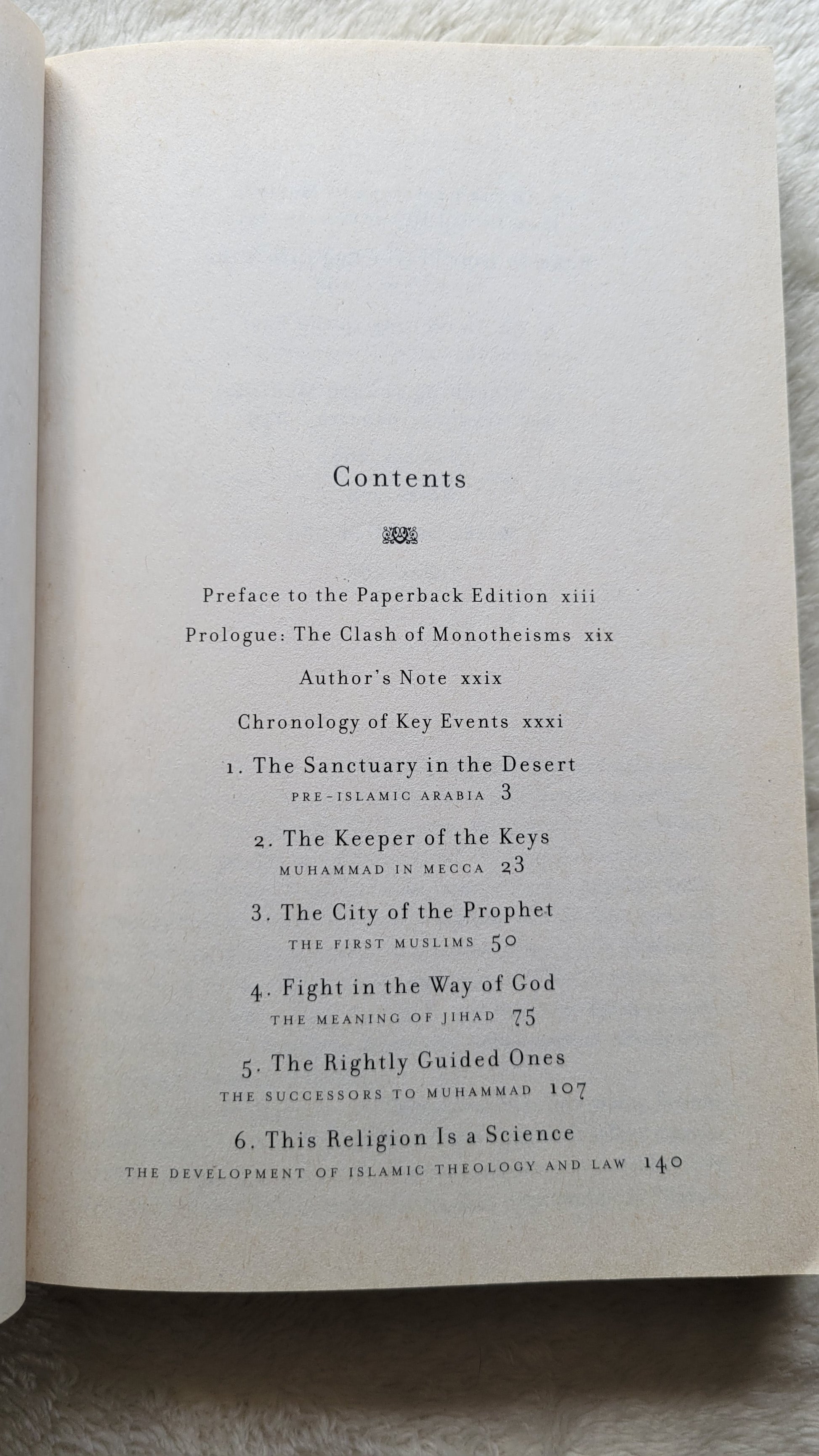 Used book for sale, "No god but God: The Origins, Evolution, and Future of Islam" by Reza Aslan, Random House publishers, 2006. View of table of contents.