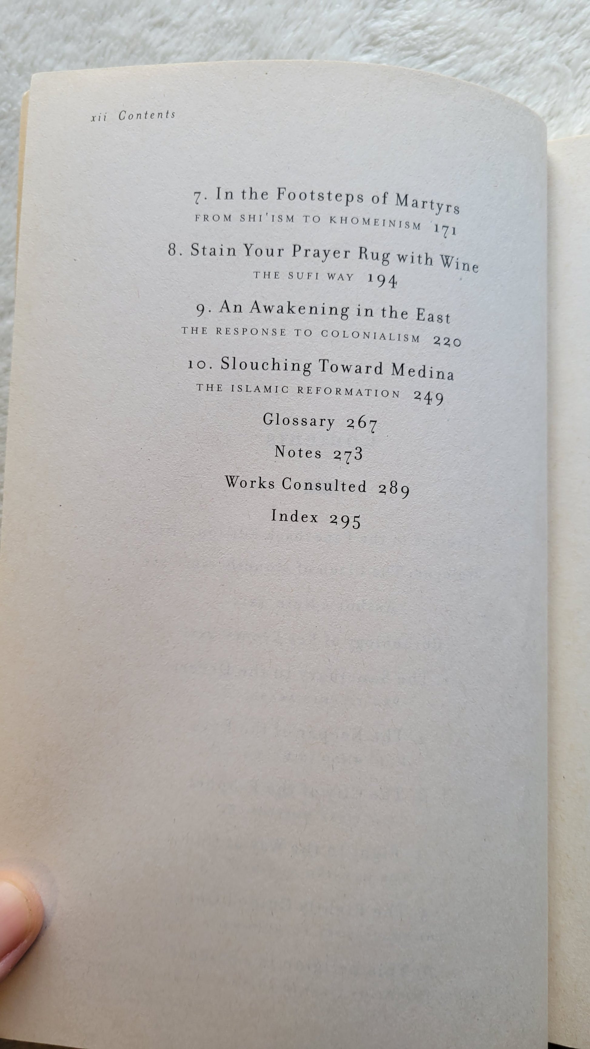Used book for sale, "No god but God: The Origins, Evolution, and Future of Islam" by Reza Aslan, Random House publishers, 2006. View of table of contents.