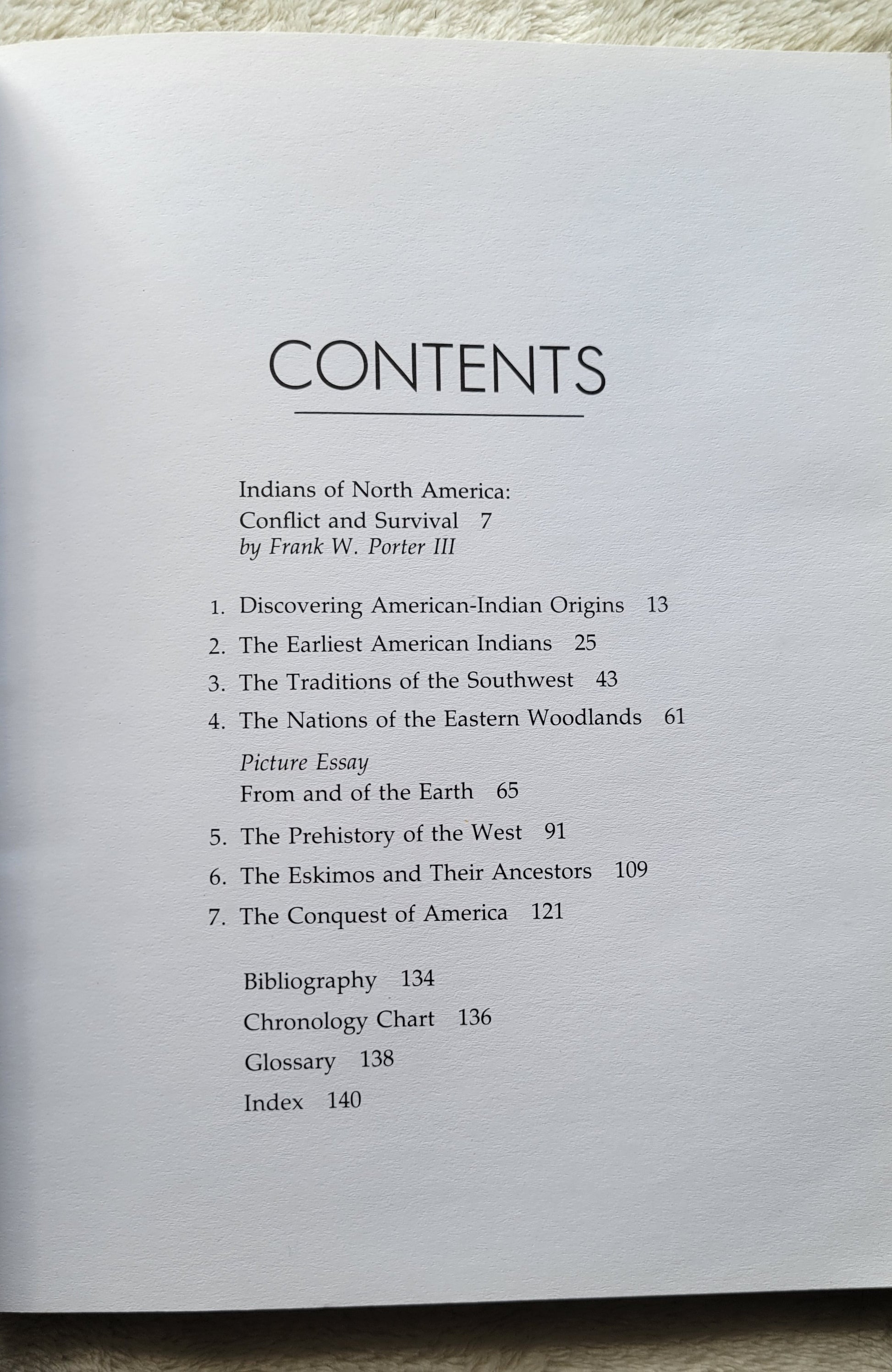 "Archaeology of North America" by Dean R. Snow, Chelsea House publishers, 1989. "Archaeology of North America tells the fascinating story of how archaeologists investigate the origins and prehistory of American Indians.  View of table of contents.