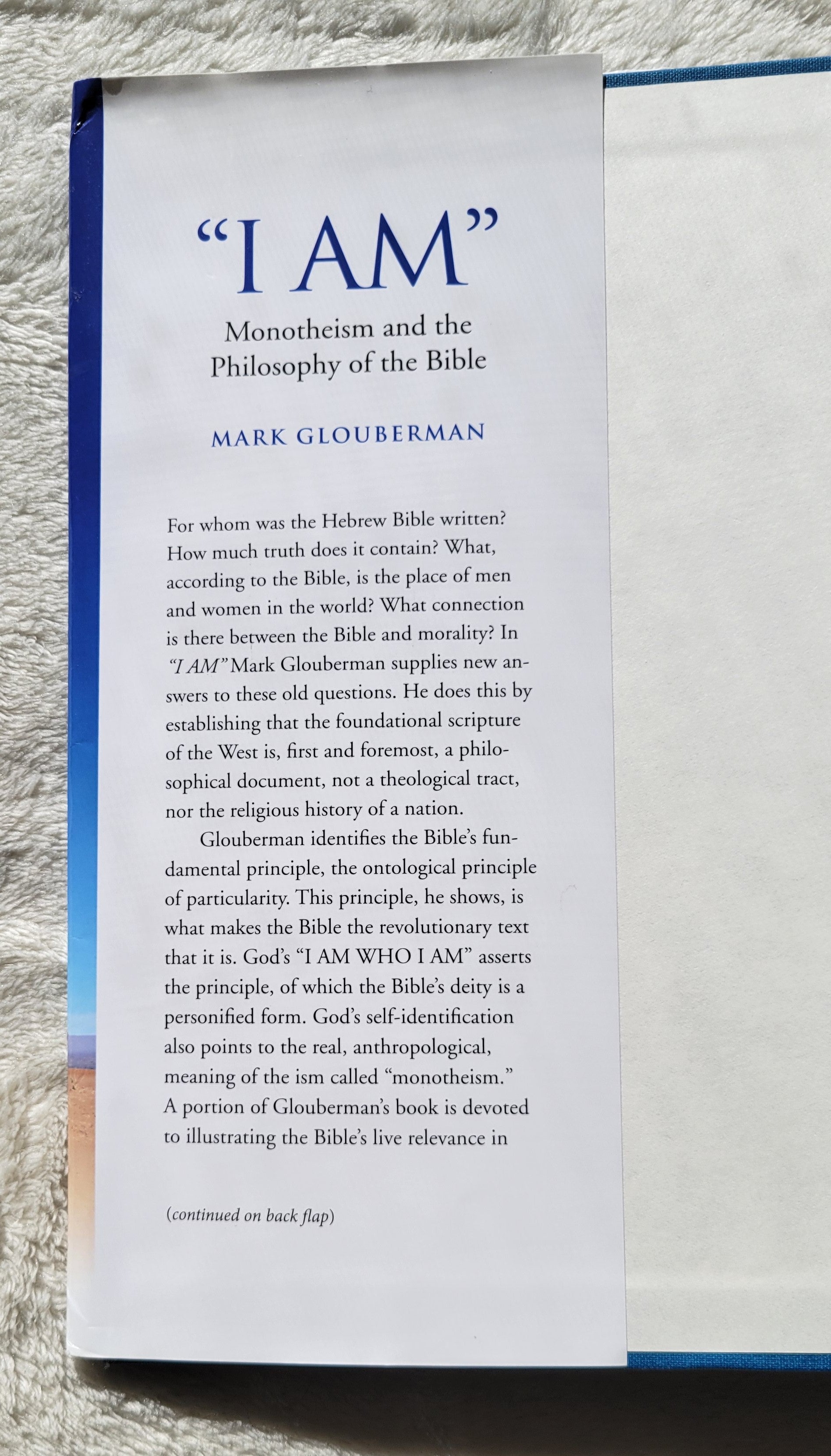 Used book for sale "I Am: Monotheism and the Philosophy of the Bible" by Mark Glouberman, University of Toronto Press, 2019. View of jacket panel.
