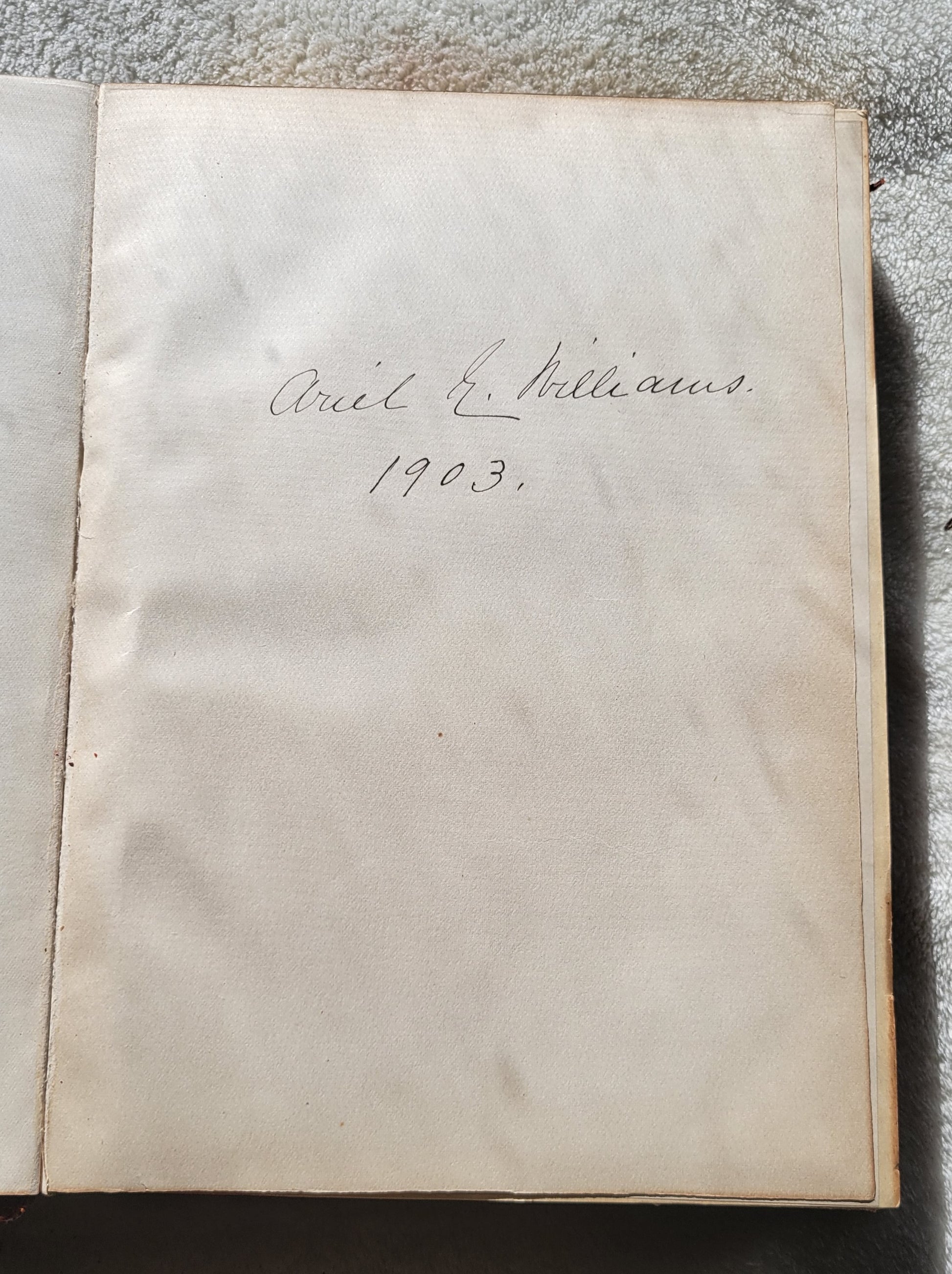 Antique book.  "Bibliophile Edition de Luxe Volume 13" part of The International Library of Masterpieces, Literature, Art, and Rare Manuscripts, edited by Herry Thurston Peck, published by The International Bibliophile Society, 1901.  View of inside page with hand written name and date.