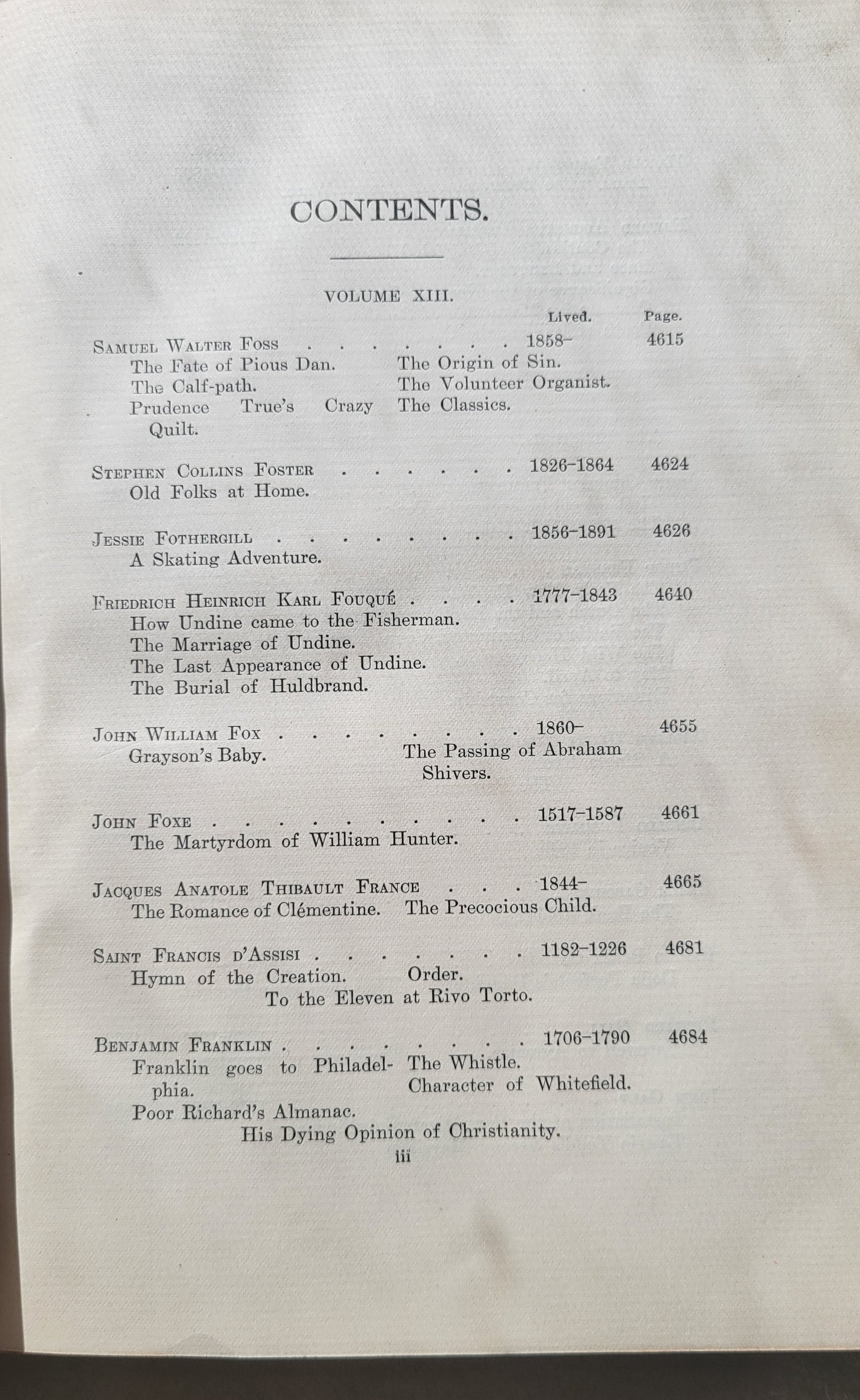 Antique book.  "Bibliophile Edition de Luxe Volume 13" part of The International Library of Masterpieces, Literature, Art, and Rare Manuscripts, edited by Herry Thurston Peck, published by The International Bibliophile Society, 1901.  View of table of contents.