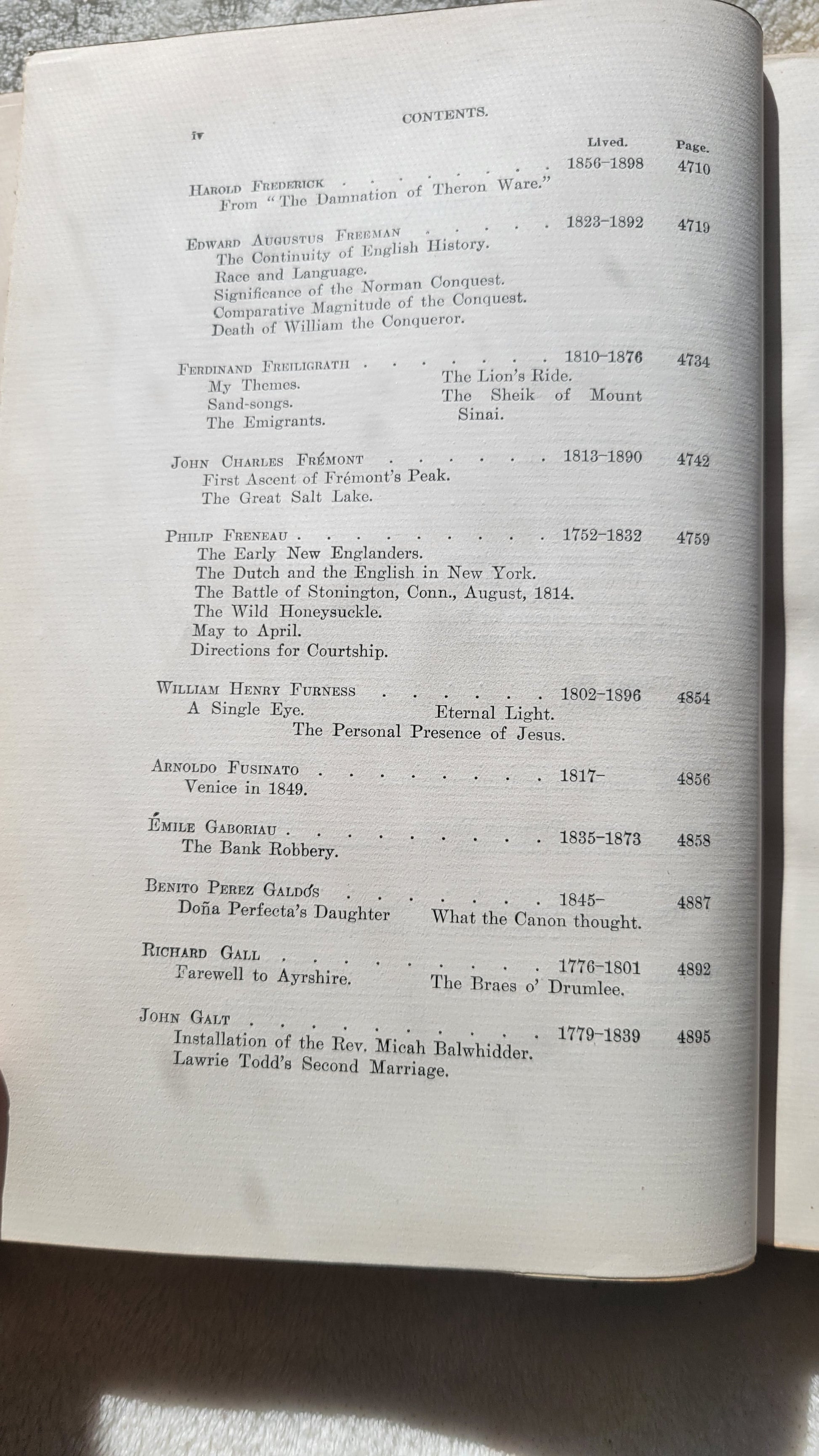 Antique book.  "Bibliophile Edition de Luxe Volume 13" part of The International Library of Masterpieces, Literature, Art, and Rare Manuscripts, edited by Herry Thurston Peck, published by The International Bibliophile Society, 1901.  View of table of contents.