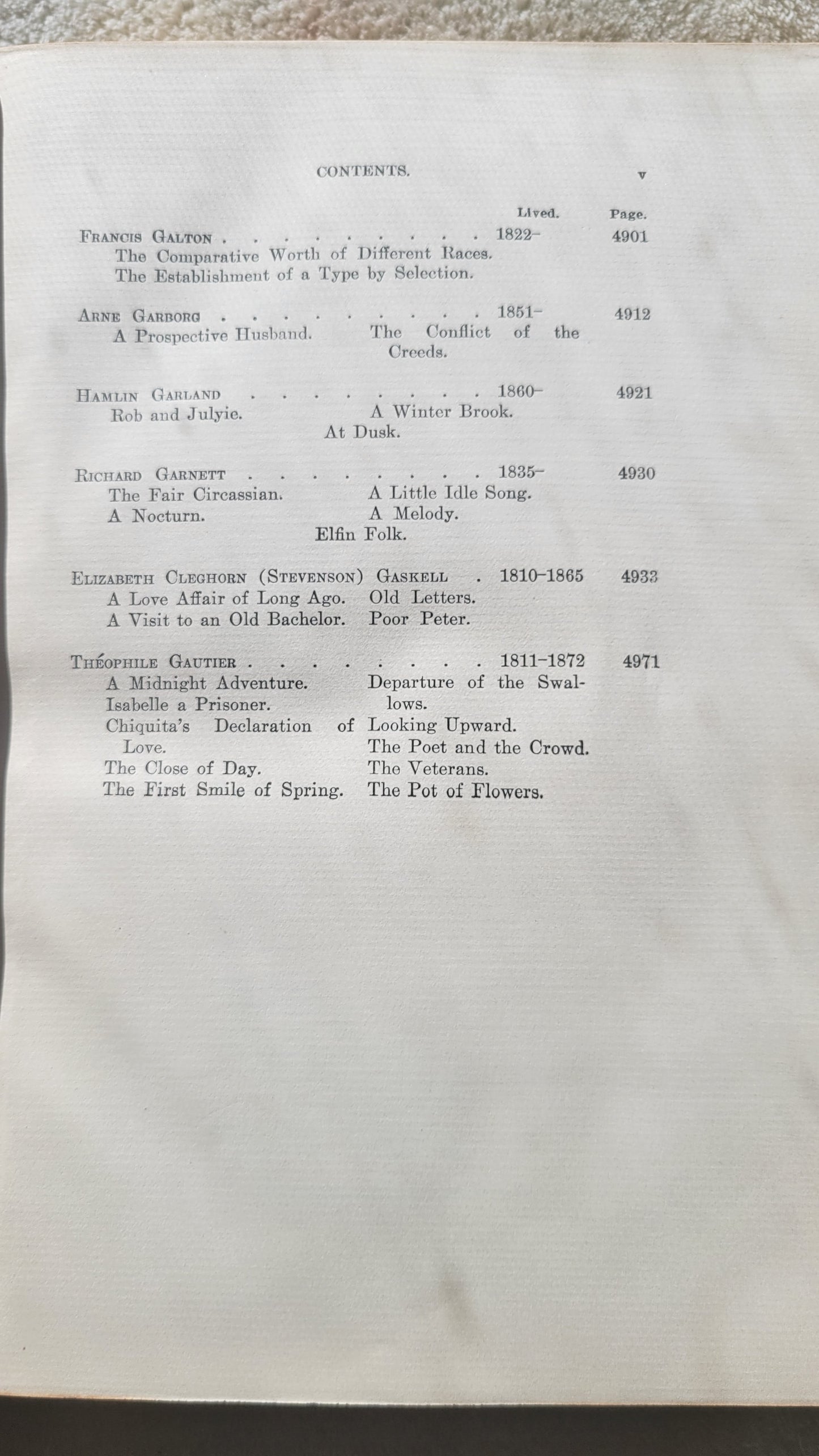 Antique book.  "Bibliophile Edition de Luxe Volume 13" part of The International Library of Masterpieces, Literature, Art, and Rare Manuscripts, edited by Herry Thurston Peck, published by The International Bibliophile Society, 1901.  View of table of contents.