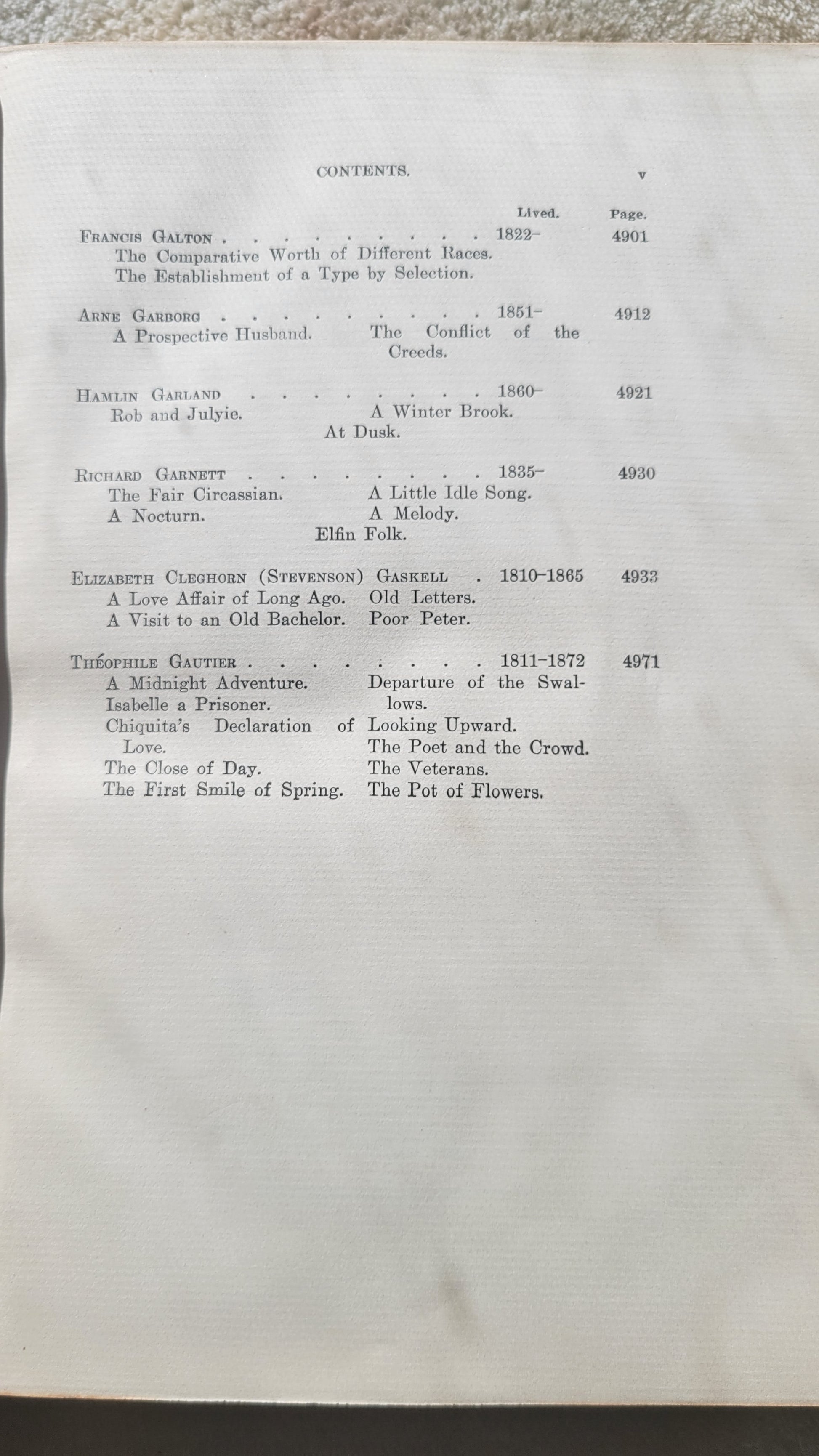 Antique book.  "Bibliophile Edition de Luxe Volume 13" part of The International Library of Masterpieces, Literature, Art, and Rare Manuscripts, edited by Herry Thurston Peck, published by The International Bibliophile Society, 1901.  View of table of contents.