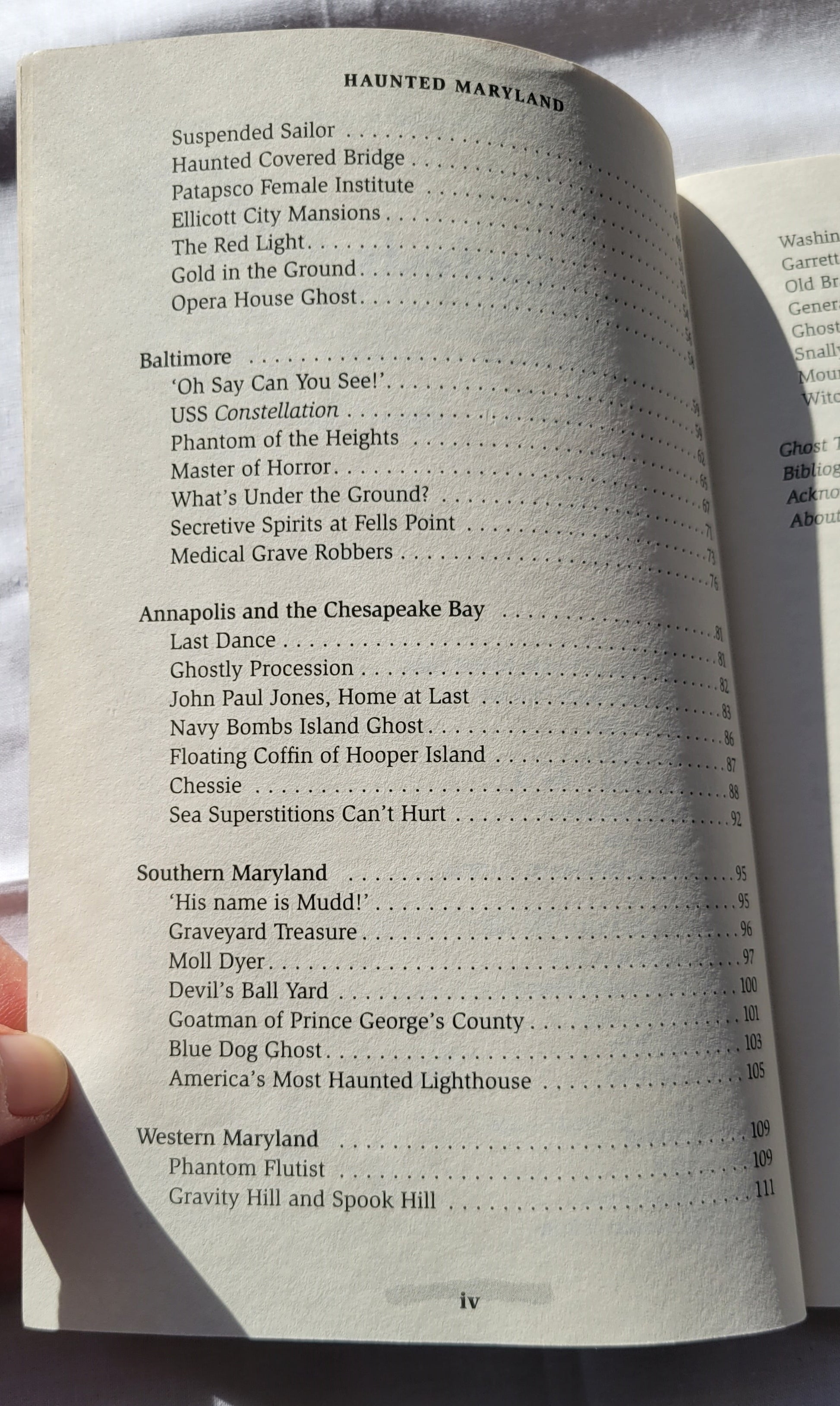 Used book for sale, "Haunted Maryland: Ghosts and Strange Phenomena of the Old Line State" by Ed Okonowicz, published by Stackpole Books. View of table of contents.
