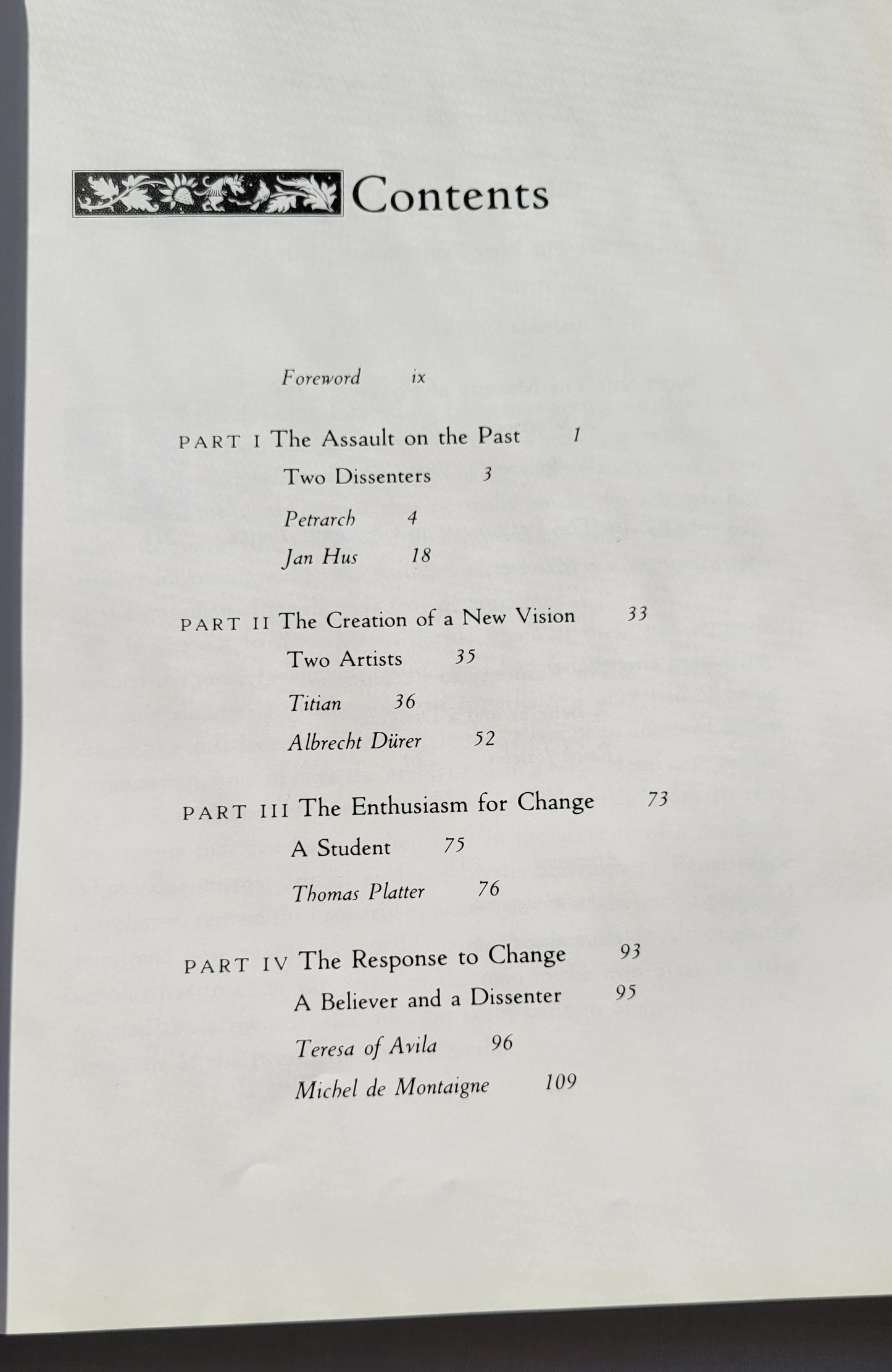 Used book for sale, "Renaissance Lives: Portraits of an Age" by Theodore K. Rabb published by Basic Books in 1993. View of table of contents.