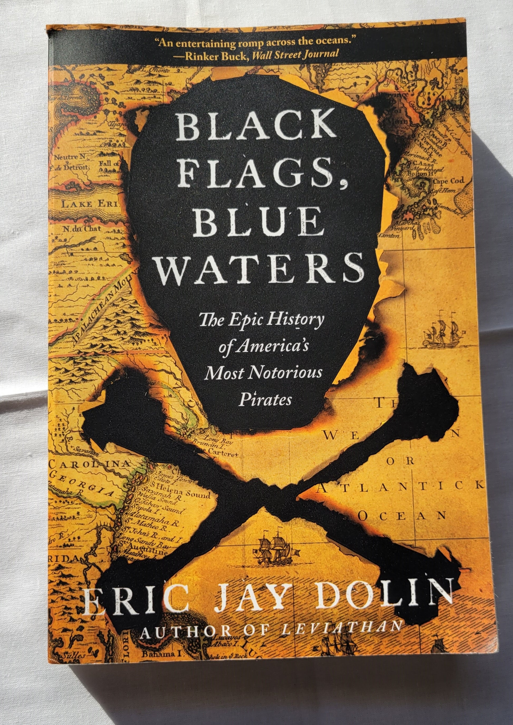 "Black Flags Blue Waters: The Epic History of America's Most Notorious Pirates" by Eric Jay Dolin, published by Liveright in 2018.  "With surprising tales of vicious mutineers, imperial riches, and high-seas intrigue, Black Flags, Blue Waters vividly reanimates the “Golden Age” of piracy in the Americas.  View of front cover.