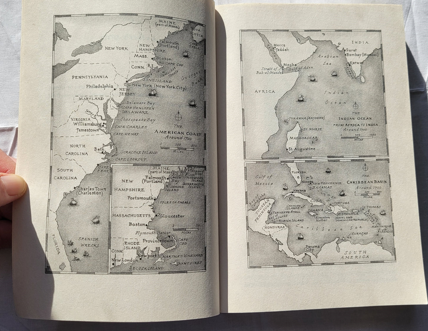 "Black Flags Blue Waters: The Epic History of America's Most Notorious Pirates" by Eric Jay Dolin, published by Liveright in 2018.  "With surprising tales of vicious mutineers, imperial riches, and high-seas intrigue, Black Flags, Blue Waters vividly reanimates the “Golden Age” of piracy in the Americas.  View of inside maps.