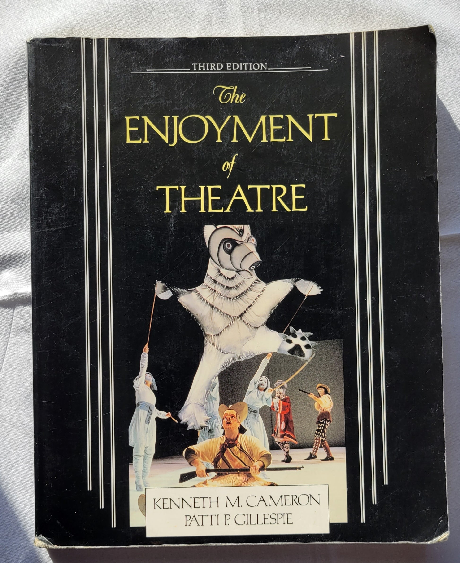 Used book for sale "The Enjoyment of Theatre: Third Edition" by Kenneth M. Cameron and Patti P. Gillespie, published by Maxwell Macmillan International in 1992. Front cover.