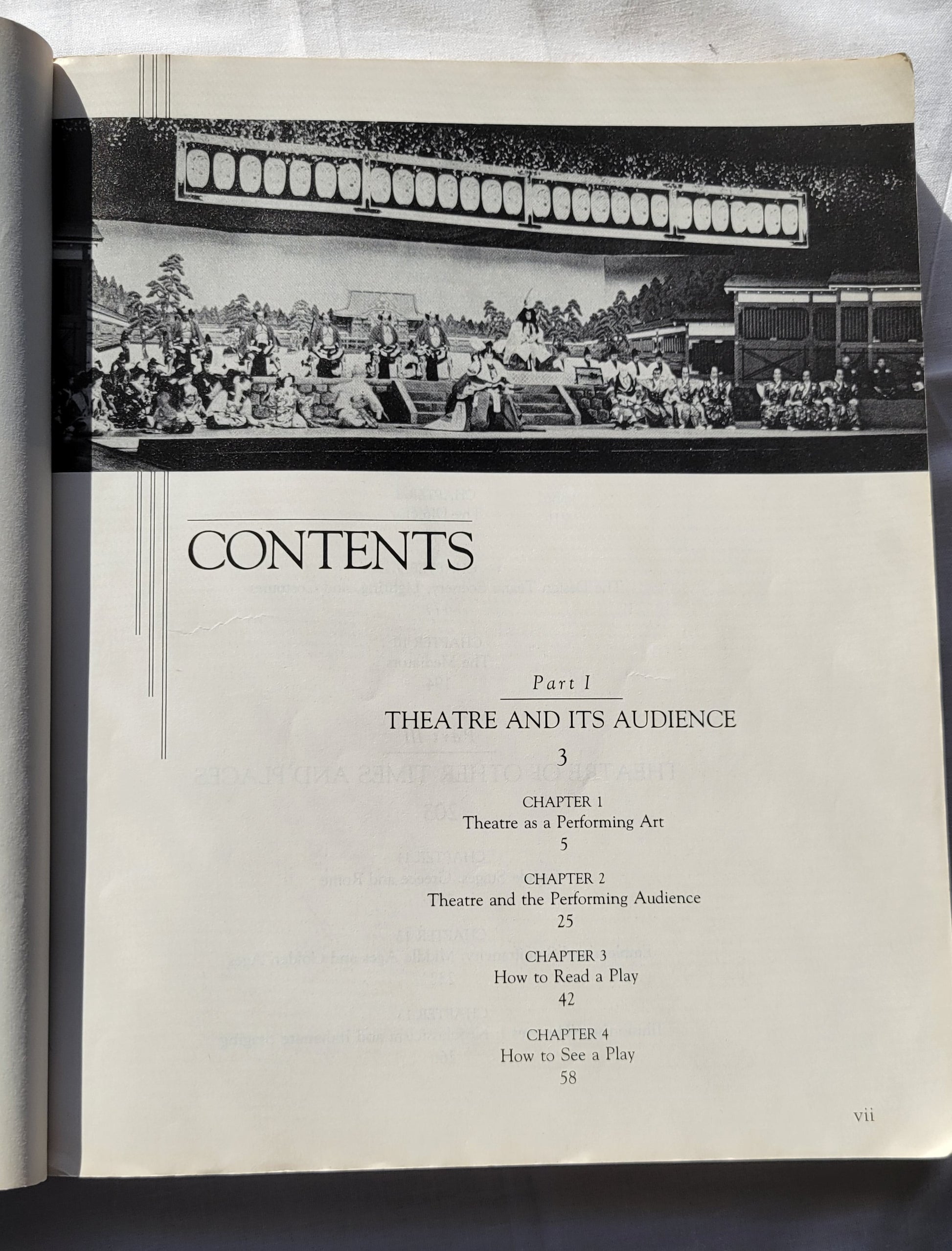 Used book for sale "The Enjoyment of Theatre: Third Edition" by Kenneth M. Cameron and Patti P. Gillespie, published by Maxwell Macmillan International in 1992. Table of contents.