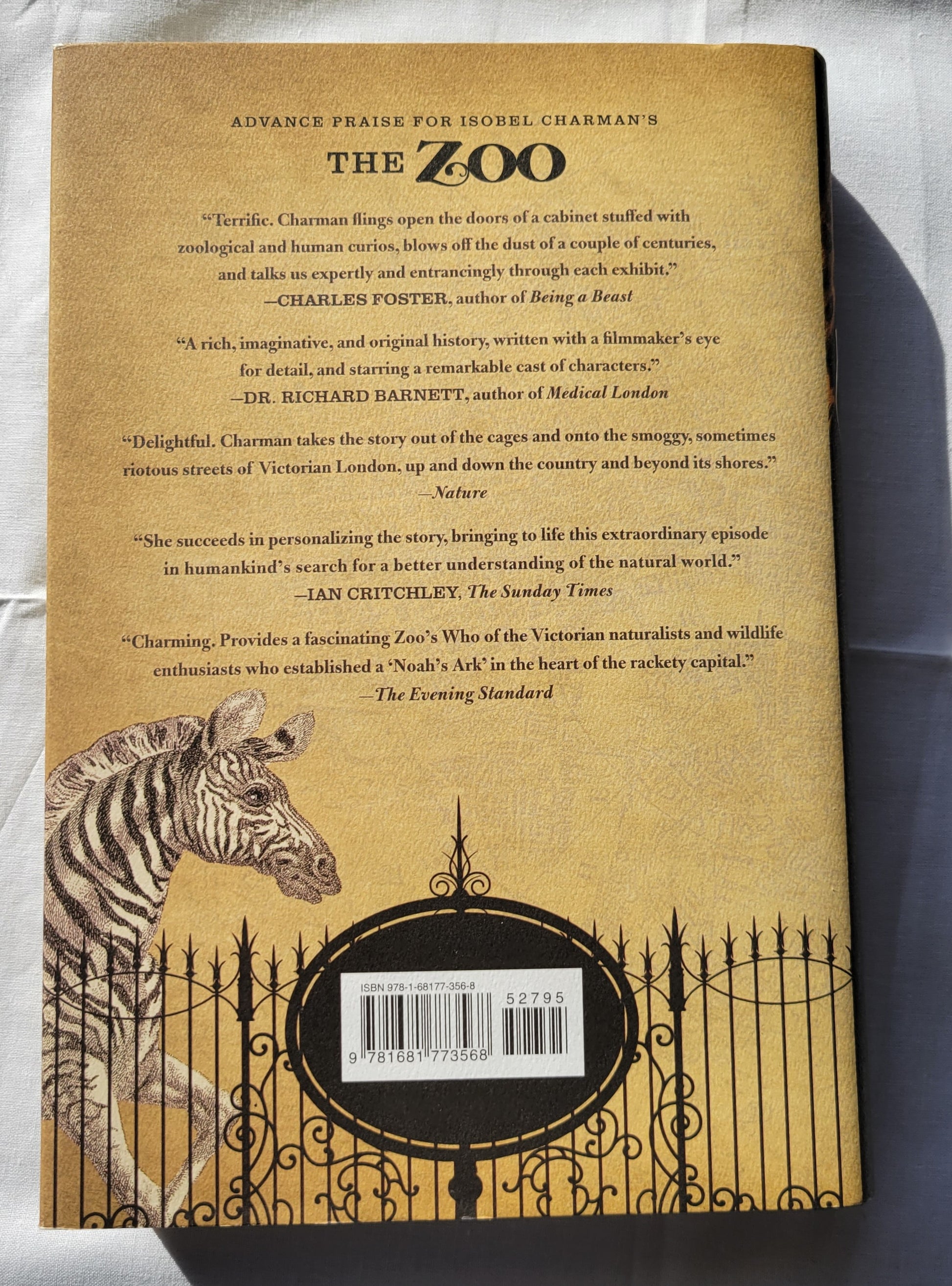 Used book for sale "The Zoo" by Isobel Charman, published by Pegasus Books, reprint edition 2018. Back cover.