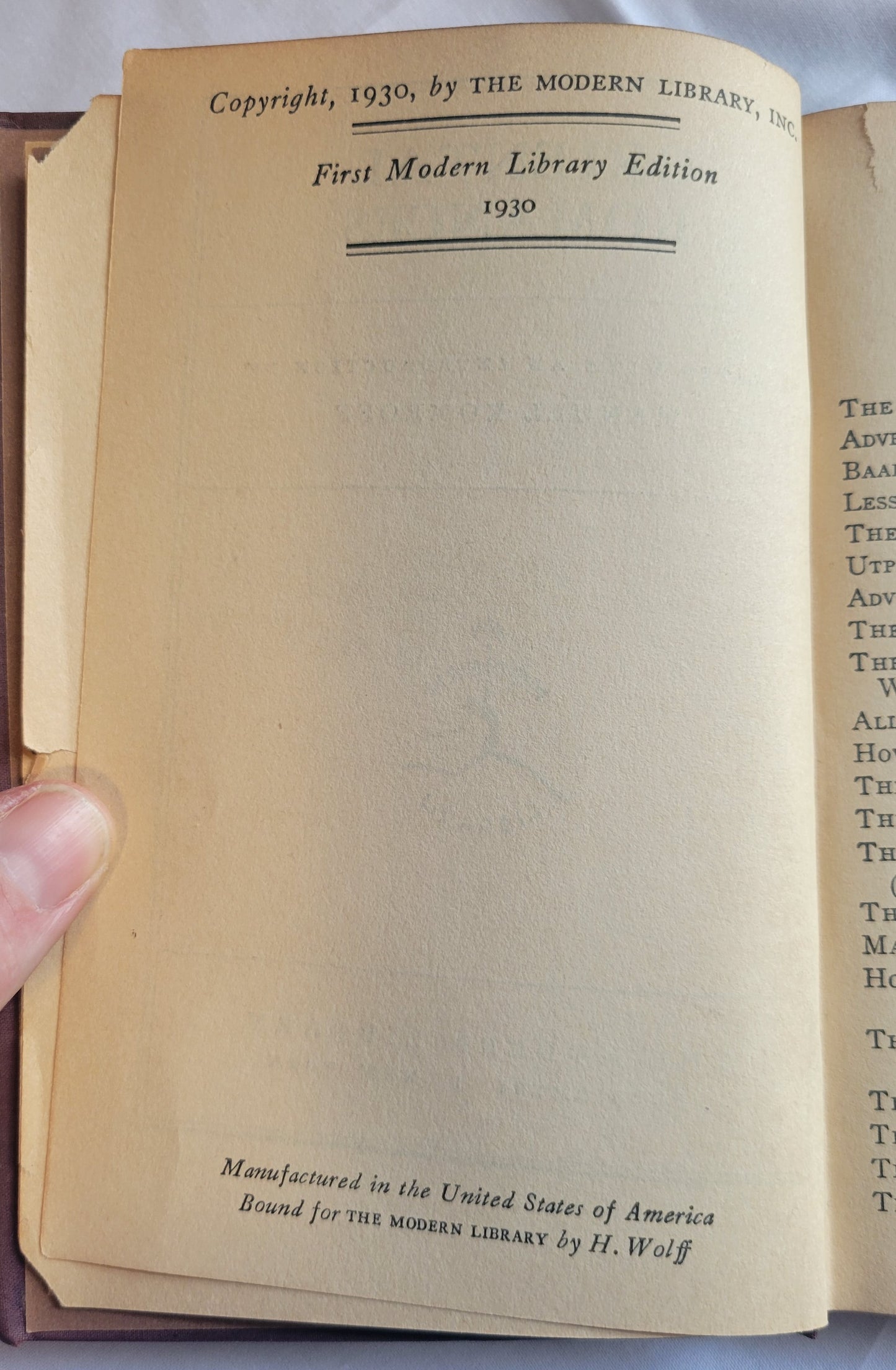 Vintage book for sale, "Oriental Romances" First Edition, edited and introduction by Manuel Komroff, published by The Modern Library in 1930. View of copyright info.