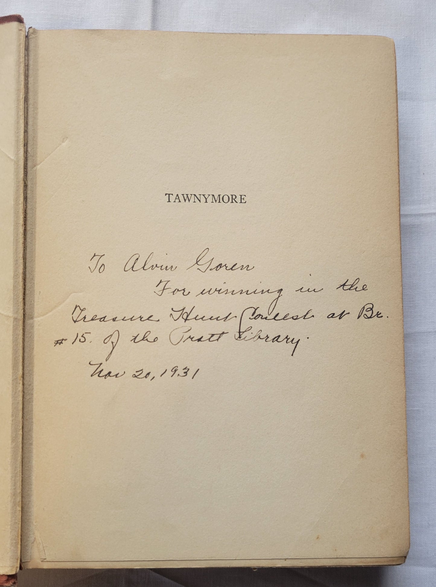 Vintage book for sale “Tawnymore” by Monica Shannon, illustrated by Jean Charlot, published by Doubleday, Doran, & Company in 1931.  Hand written note