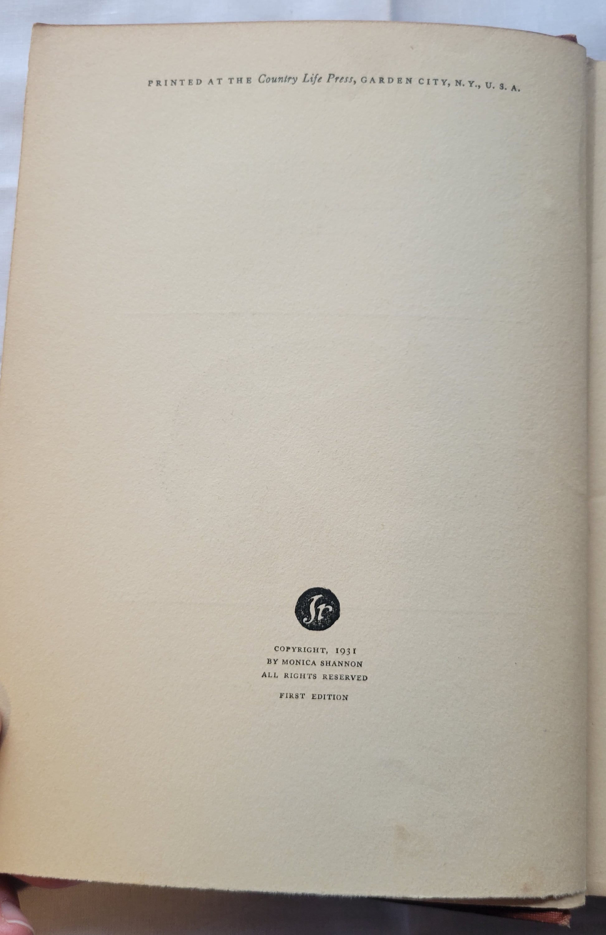 Vintage book for sale “Tawnymore” by Monica Shannon, illustrated by Jean Charlot, published by Doubleday, Doran, & Company in 1931. Copyright info.
