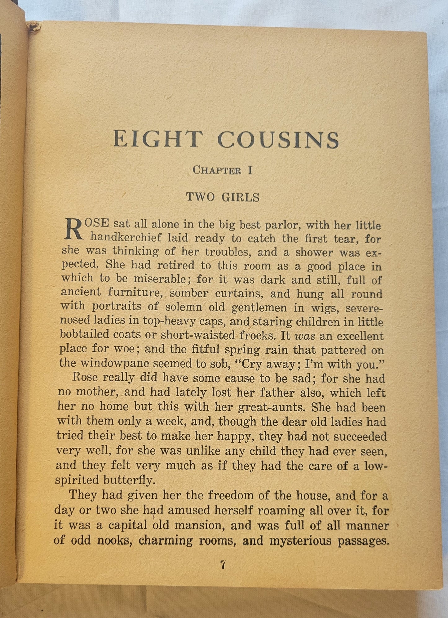 Vintage book "Eight Cousins" by Louisa May Alcott (author of Little Women), illustrated by Erwin L. Hess, and published by Whitman Publishing Company in 1940. View of page 7.