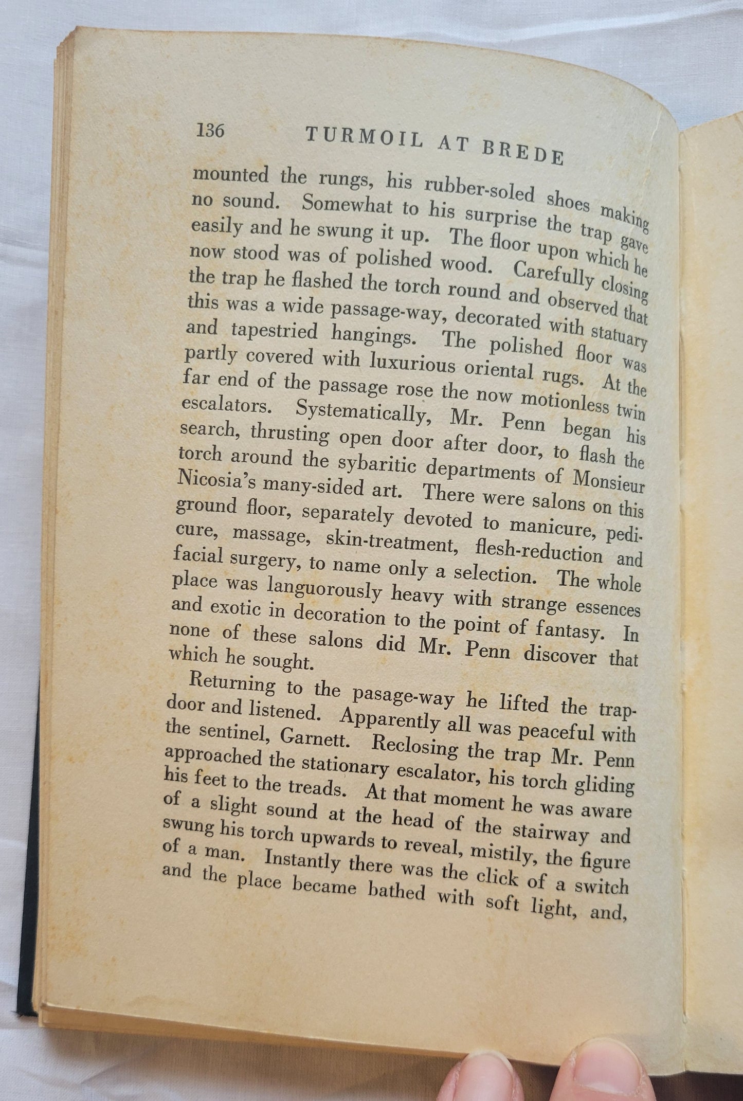 Antique book for sale “Turmoil at Brede, First Edition” by Seldon Truss, published by The Mystery League in 1931. Page 136