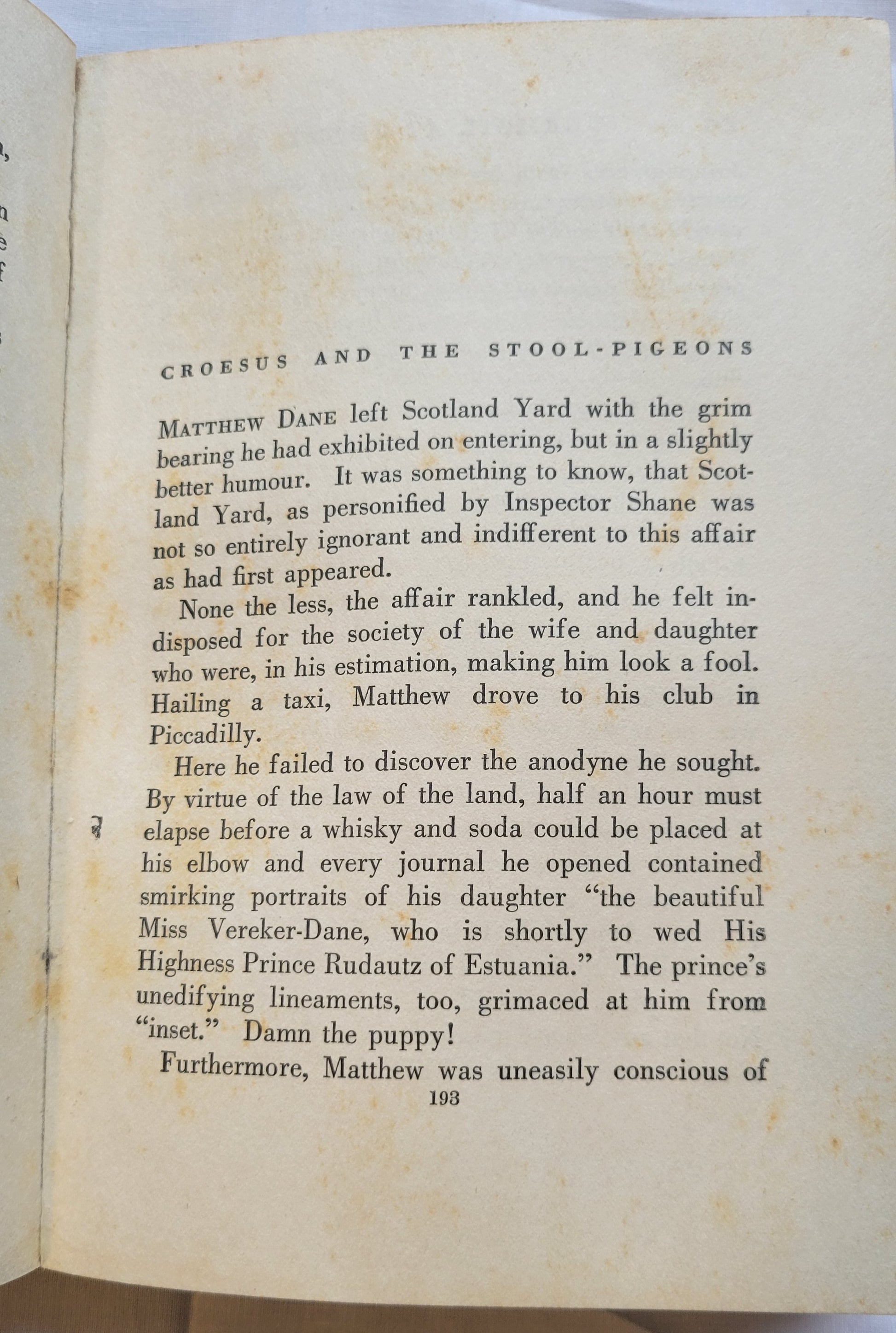 Antique book for sale “Turmoil at Brede, First Edition” by Seldon Truss, published by The Mystery League in 1931. Page 193