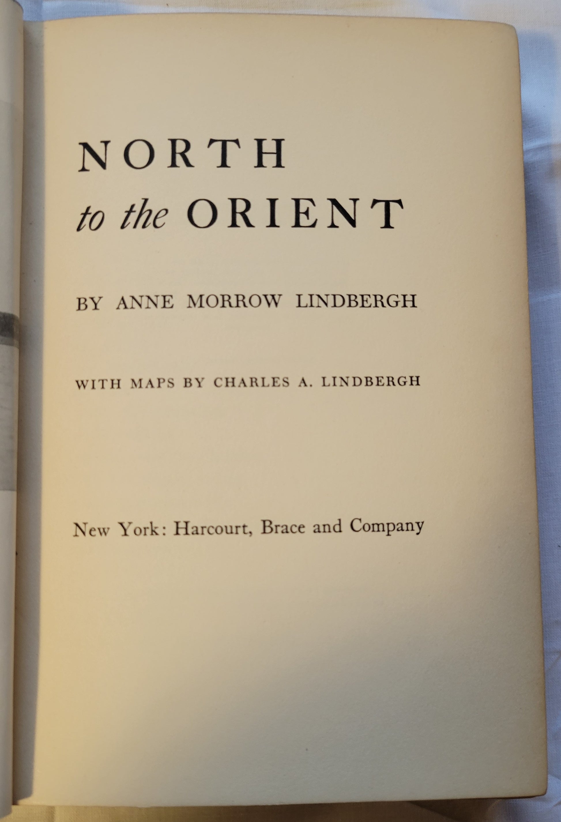 Vitnage book for sale, "North to the Orient" by Anne Morrow Lindbergh, with maps by Charles A. Lindbergh, published by Quinn & Boden Company, Inc. in 1935. View of title page.