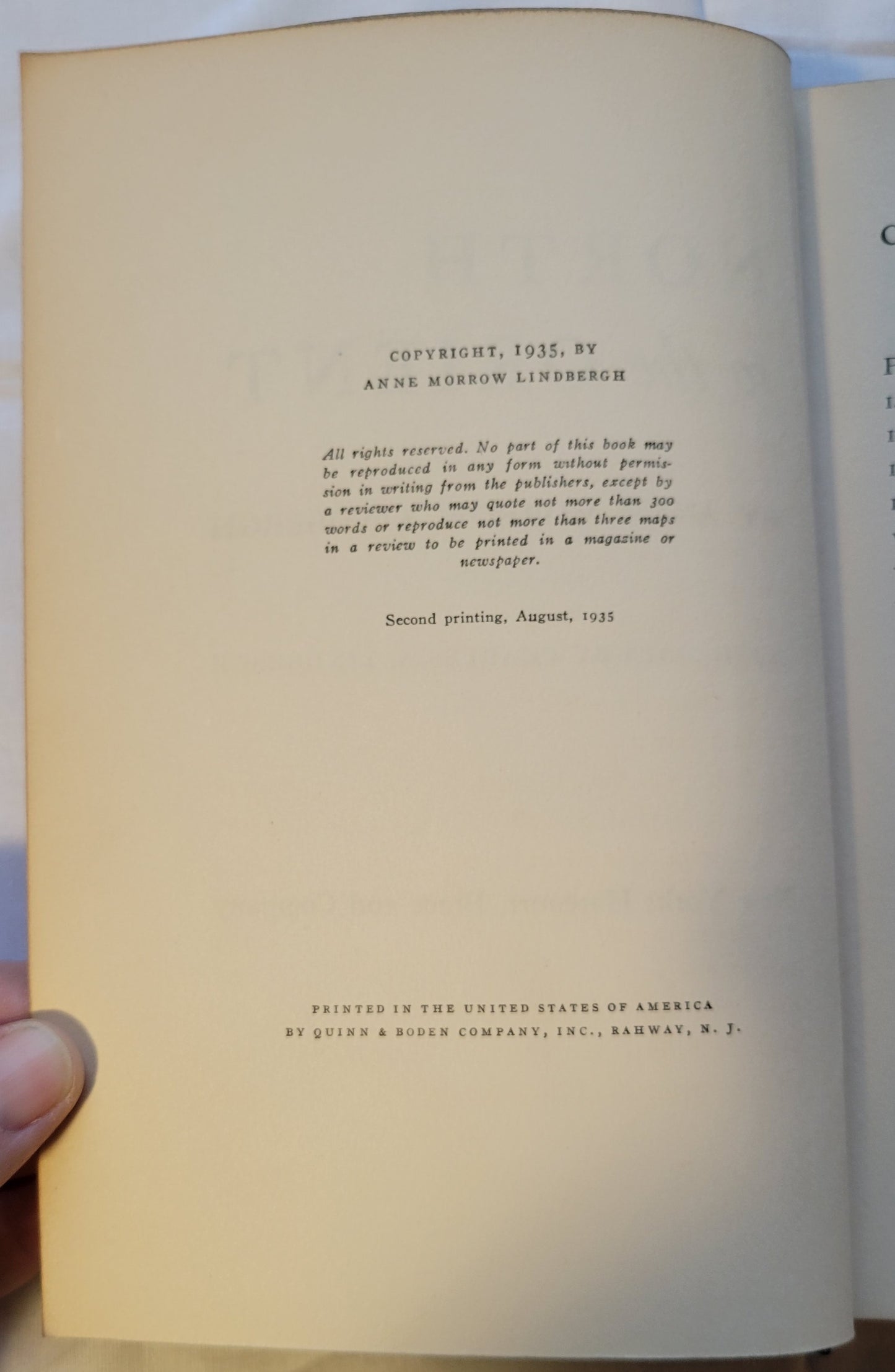 Vitnage book for sale, "North to the Orient" by Anne Morrow Lindbergh, with maps by Charles A. Lindbergh, published by Quinn & Boden Company, Inc. in 1935. View of copyright info.