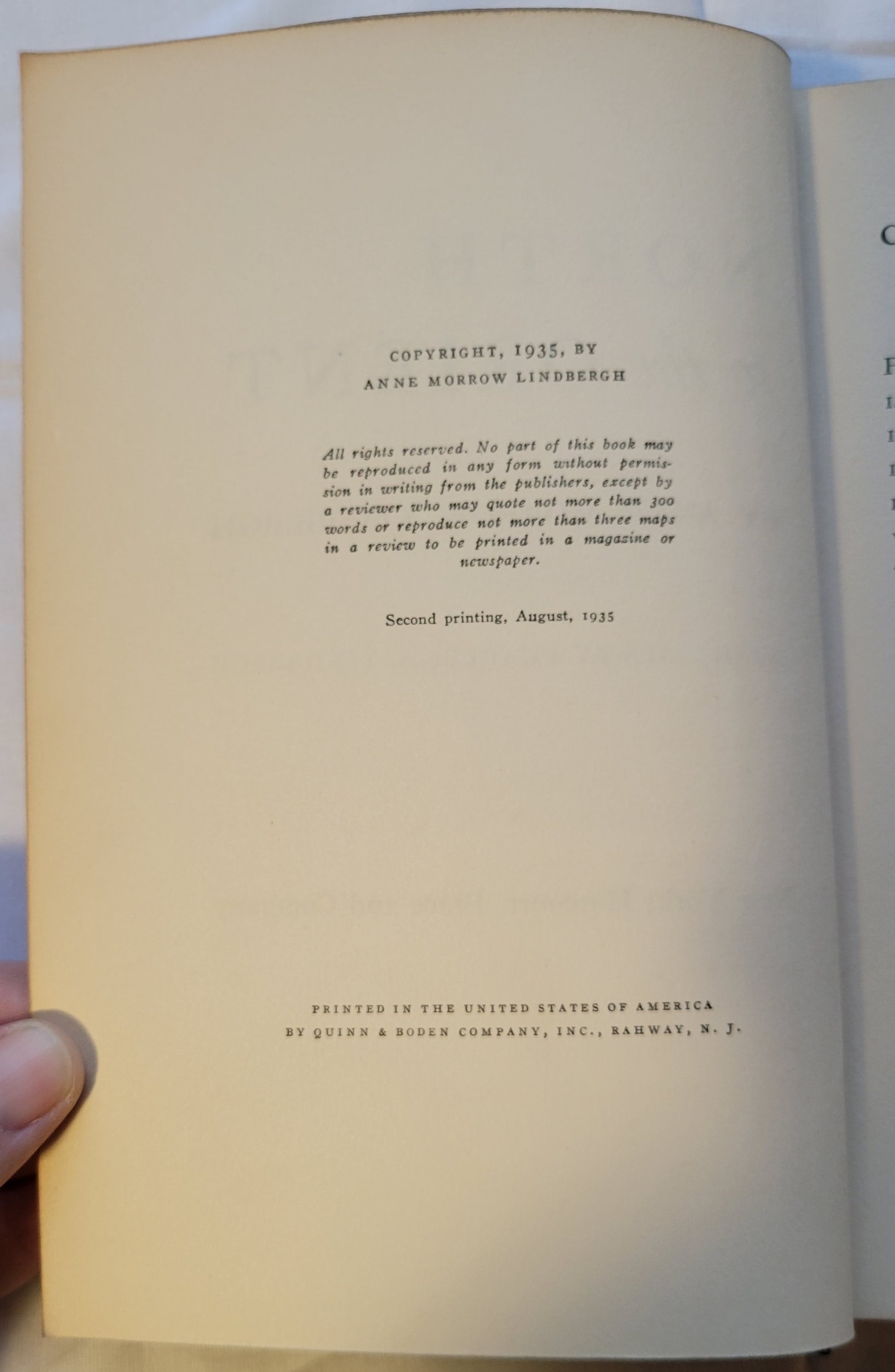 Vitnage book for sale, "North to the Orient" by Anne Morrow Lindbergh, with maps by Charles A. Lindbergh, published by Quinn & Boden Company, Inc. in 1935. View of copyright info.