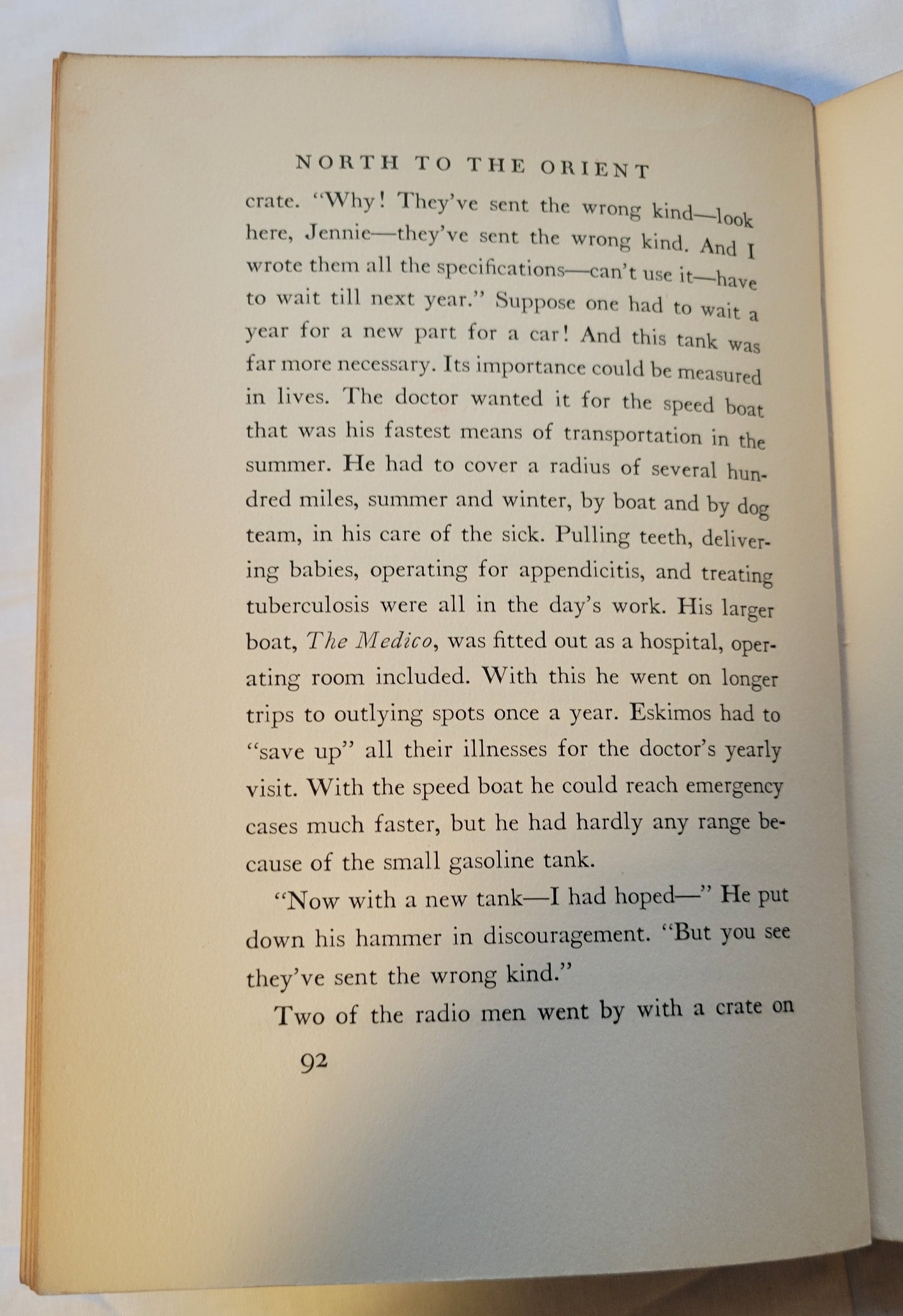 Vitnage book for sale, "North to the Orient" by Anne Morrow Lindbergh, with maps by Charles A. Lindbergh, published by Quinn & Boden Company, Inc. in 1935. View of page 92.
