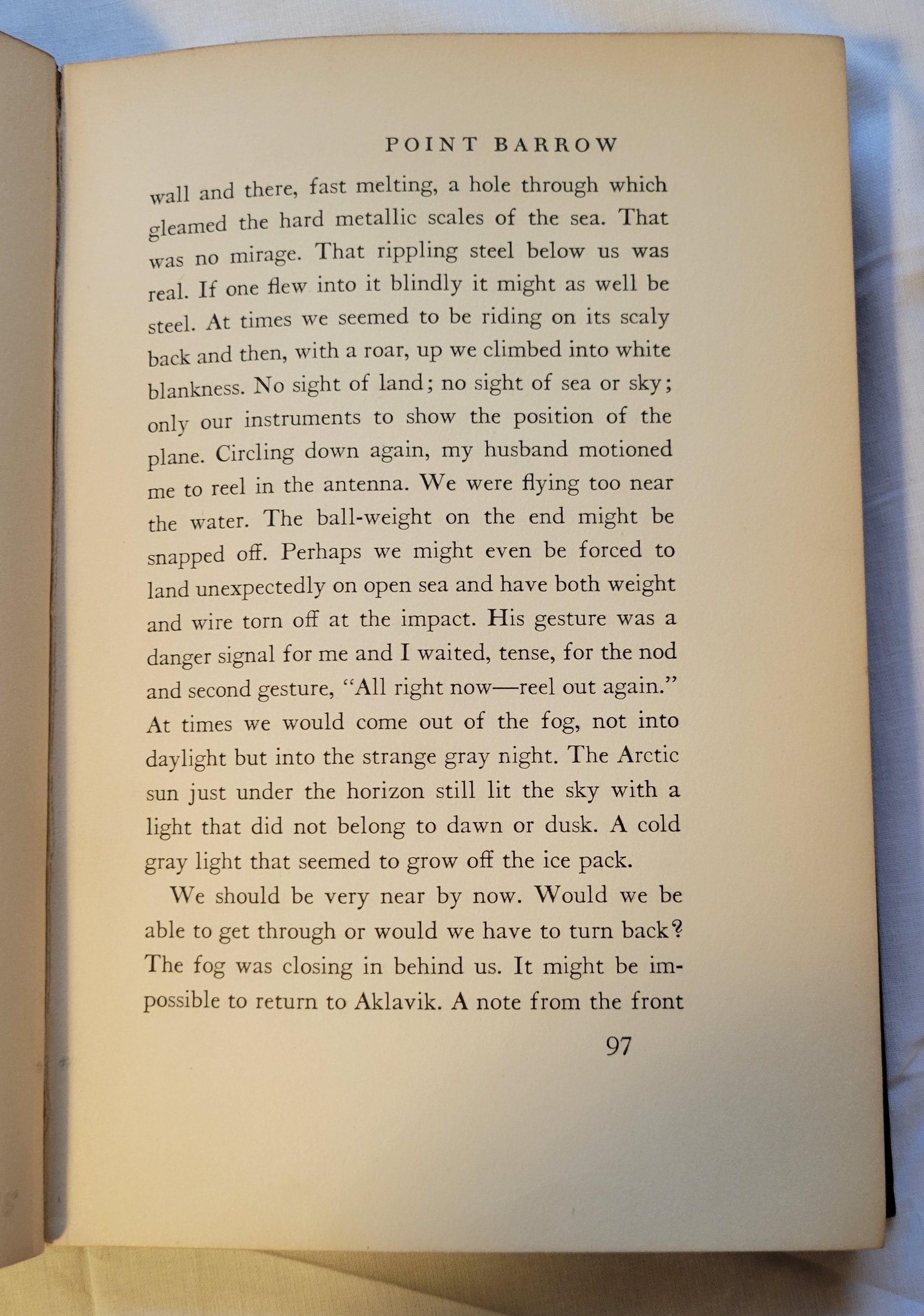 Vitnage book for sale, "North to the Orient" by Anne Morrow Lindbergh, with maps by Charles A. Lindbergh, published by Quinn & Boden Company, Inc. in 1935. View of page 97.