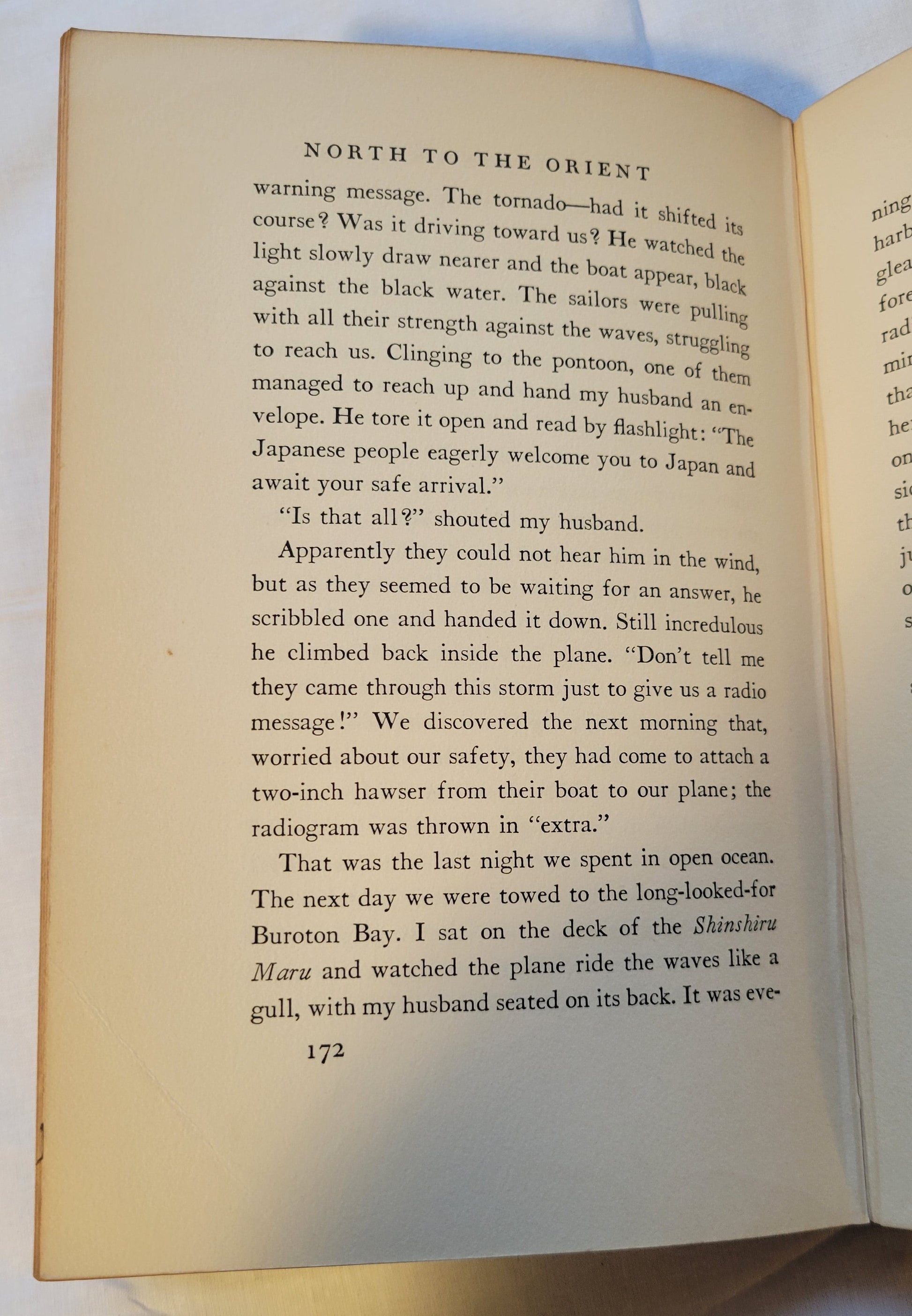Vitnage book for sale, "North to the Orient" by Anne Morrow Lindbergh, with maps by Charles A. Lindbergh, published by Quinn & Boden Company, Inc. in 1935. View of page 172